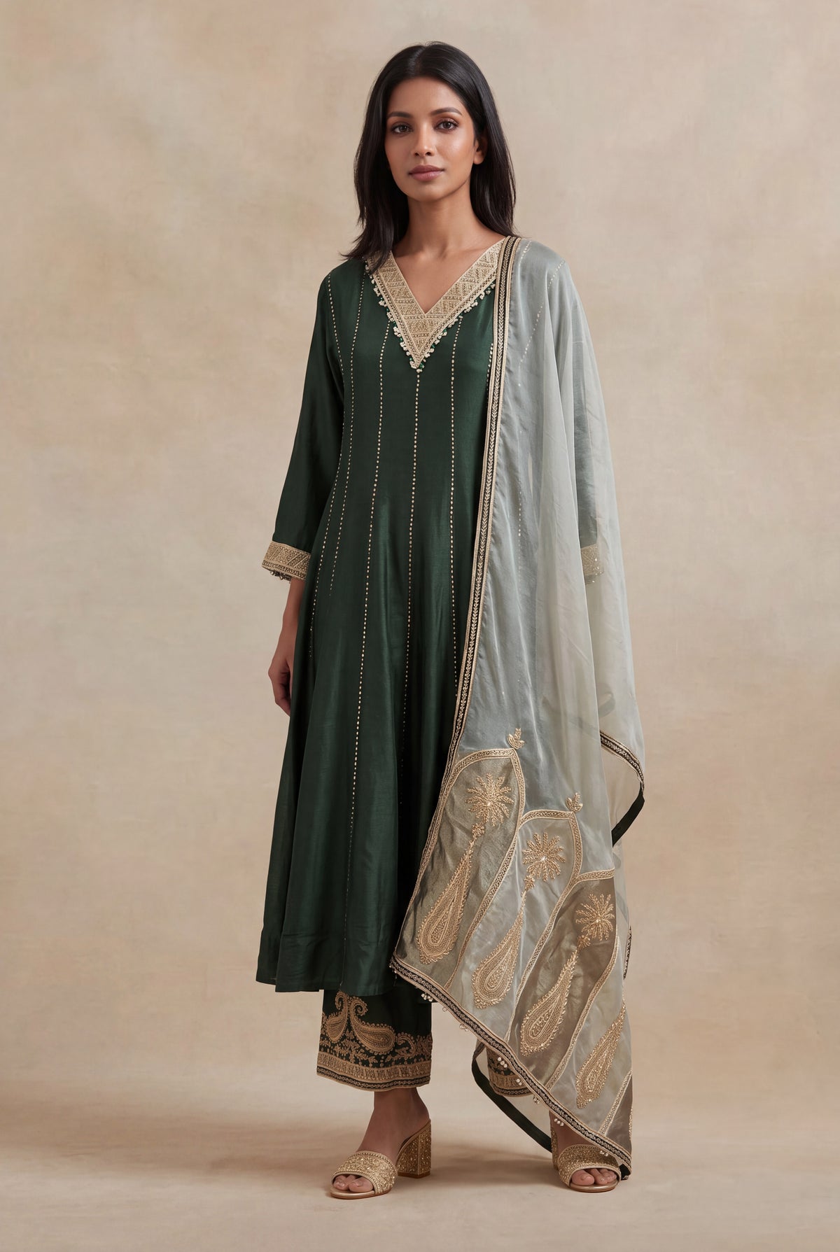 Bottle Green Silk A-Line Salwar Suit with Tissue Dupatta