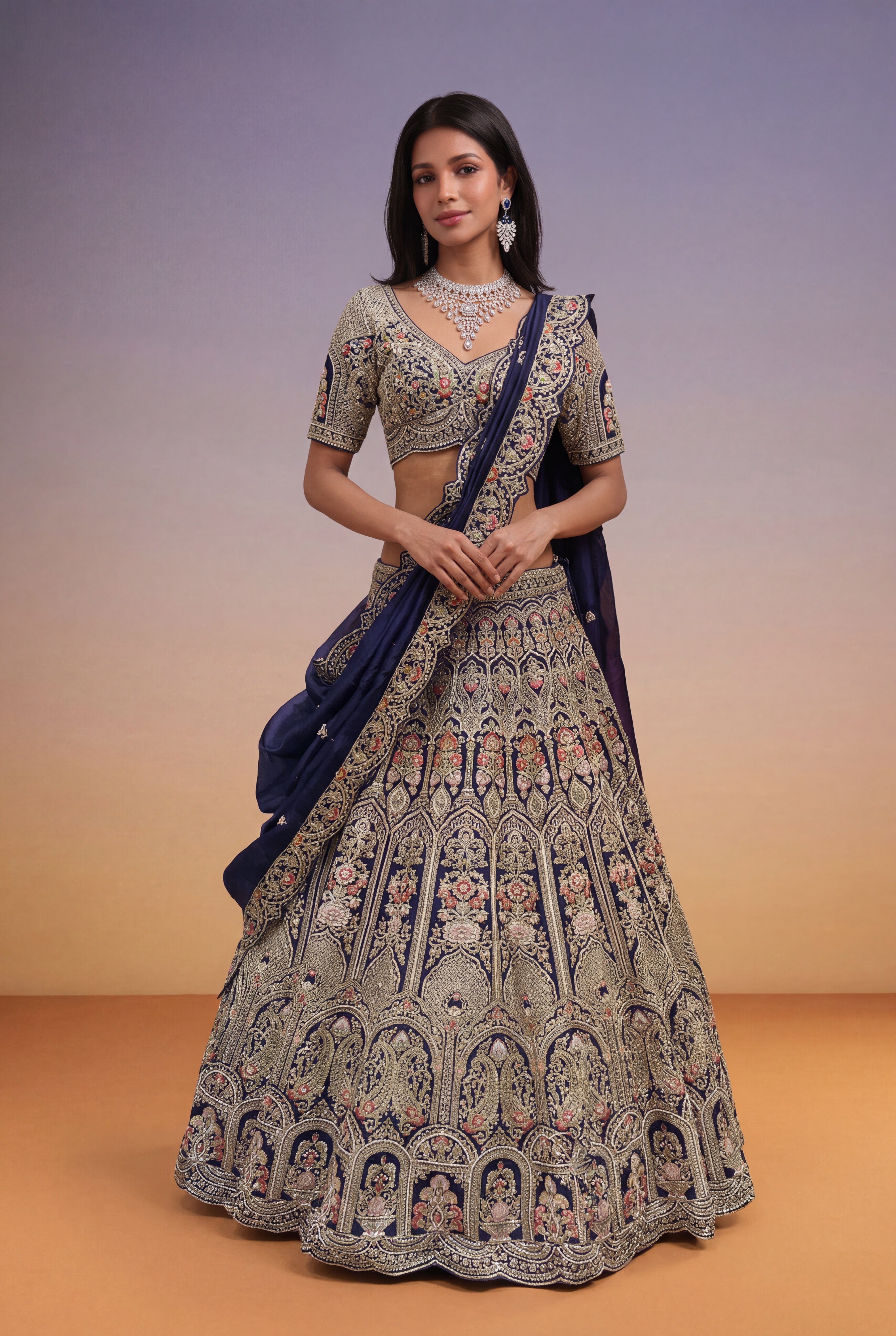 Navy Blue Raw Silk Bridal Lehenga