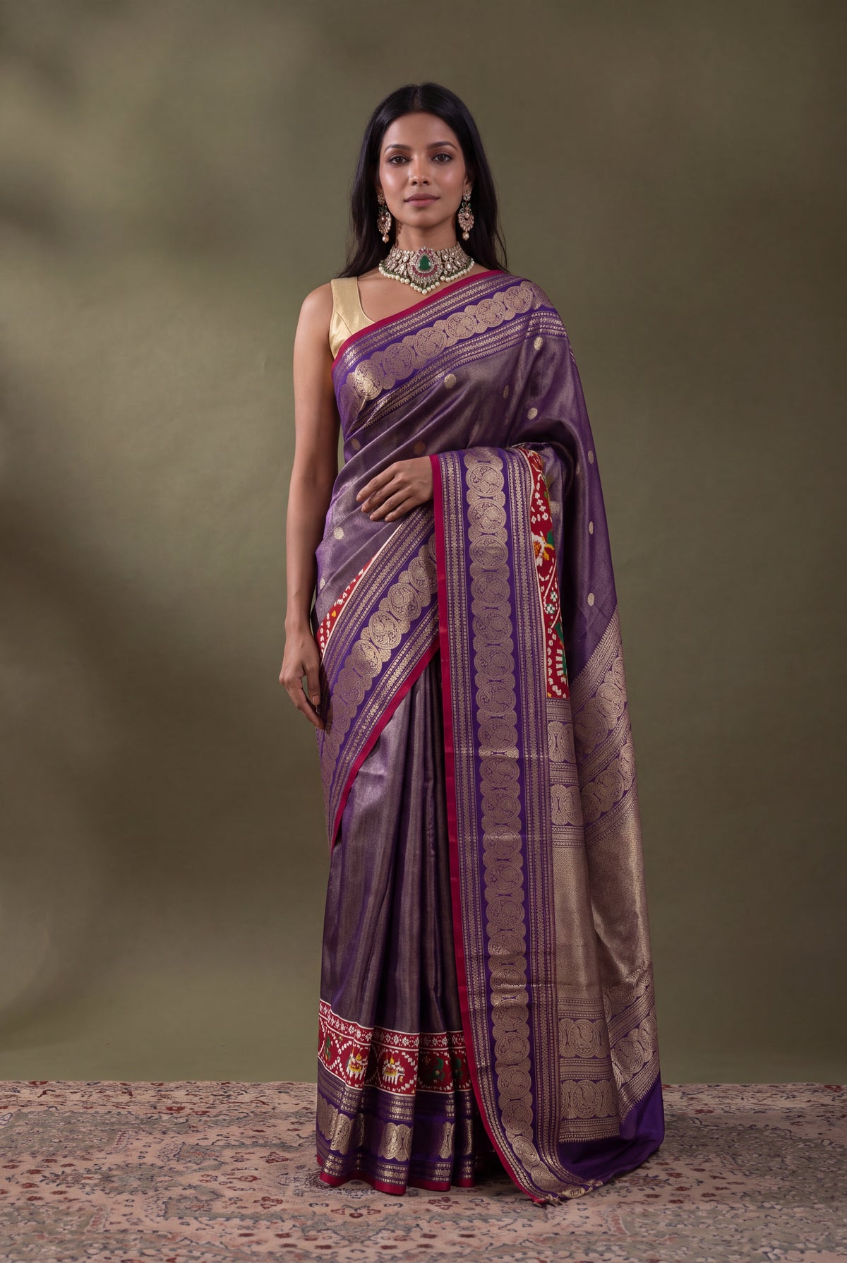 Purple Kanchipuram Silk Fusion Saree with Patan Patola Border
