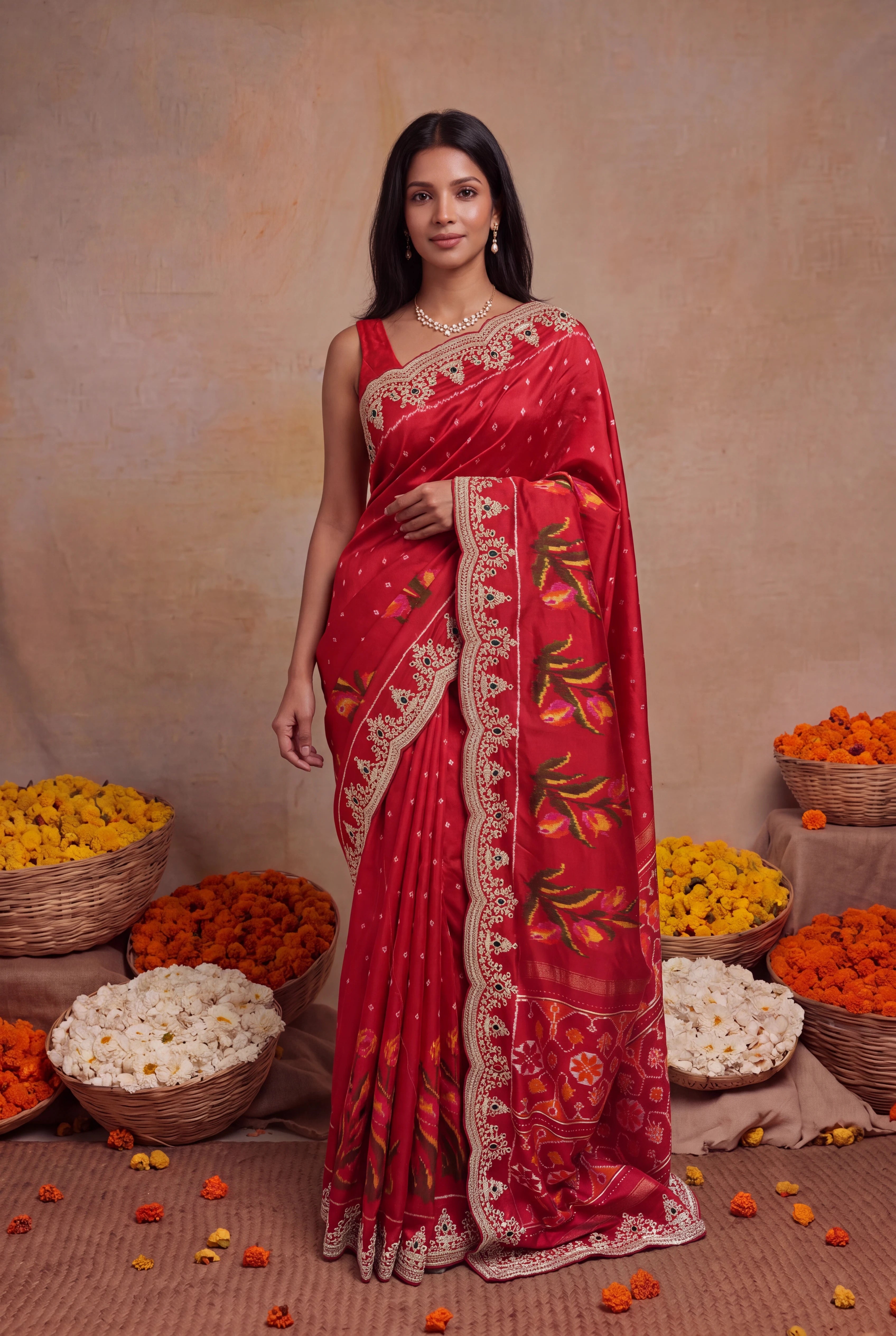 Red Twill Silk Zardosi Border Saree