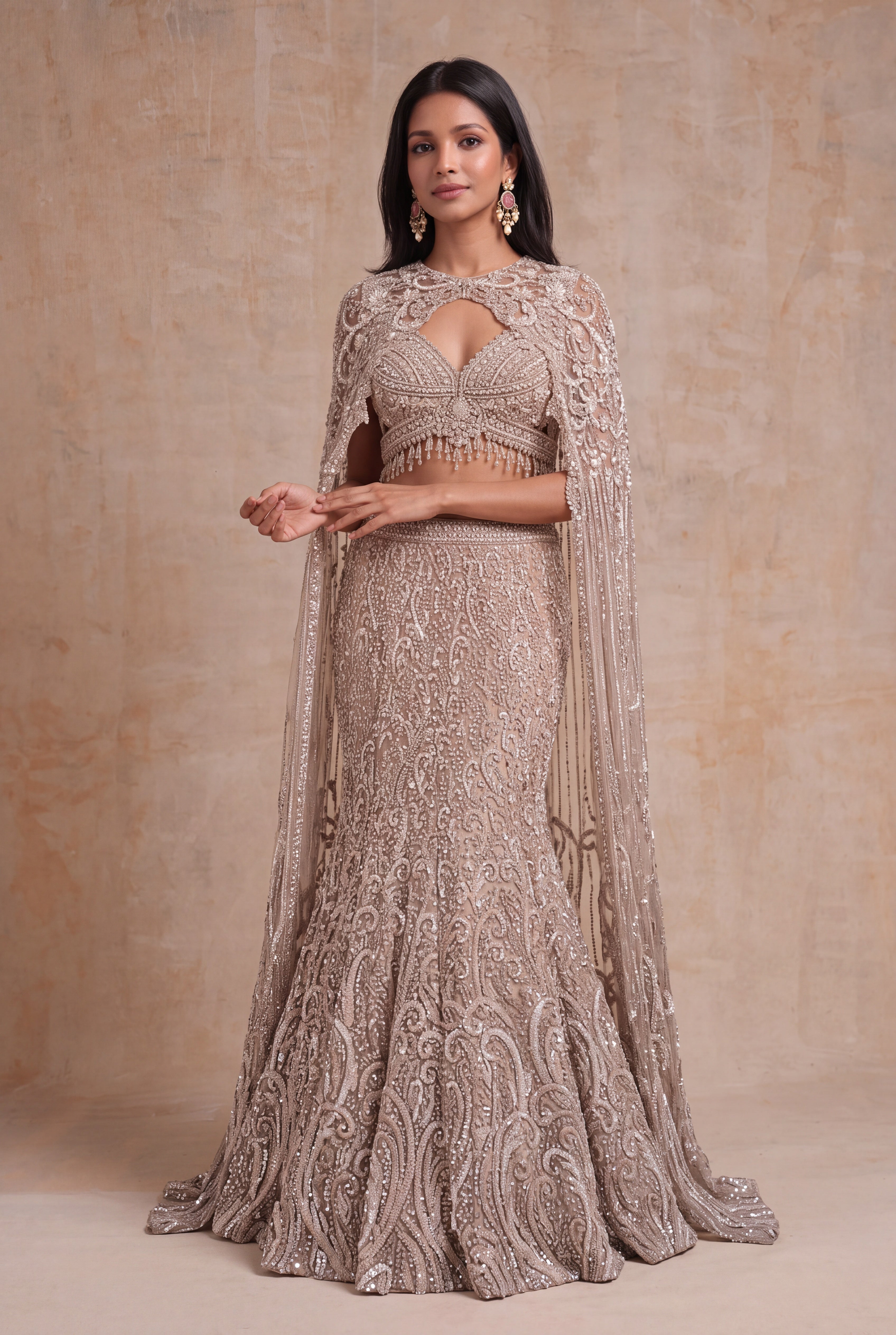 Taupe Net Fish-Cut Lehenga