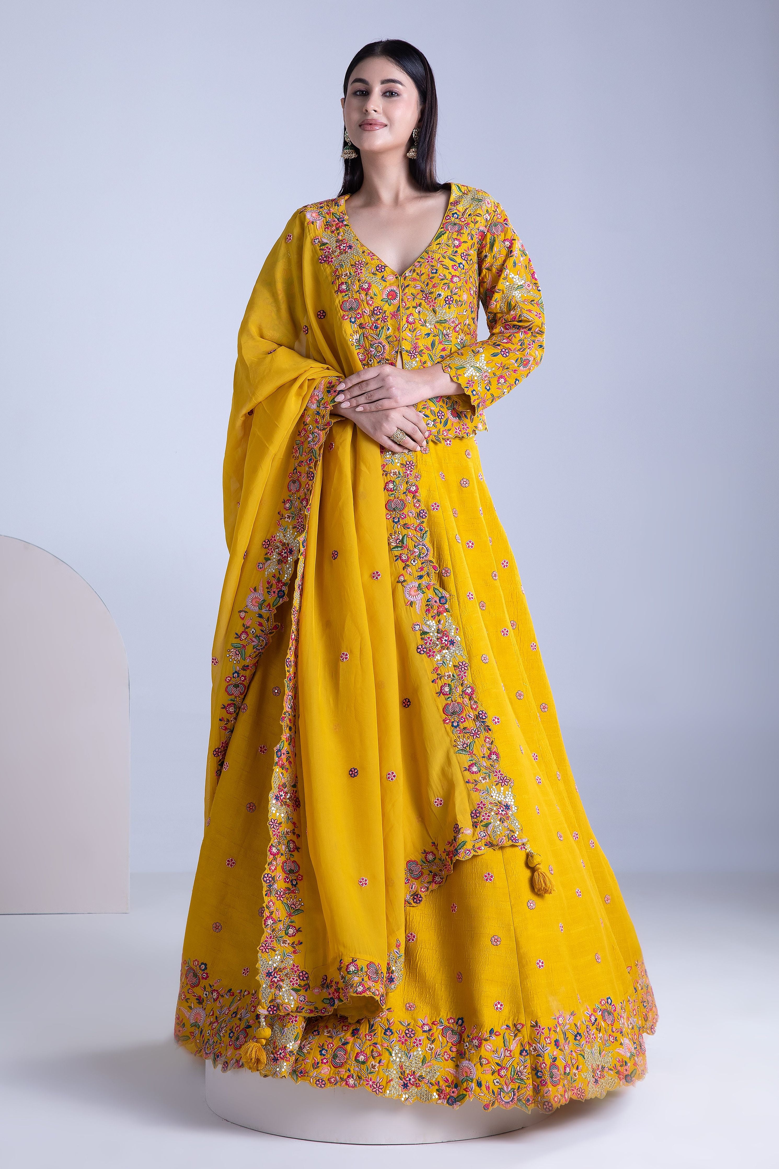 Mustard Yellow Silk Lehenga Set - Mokshaa