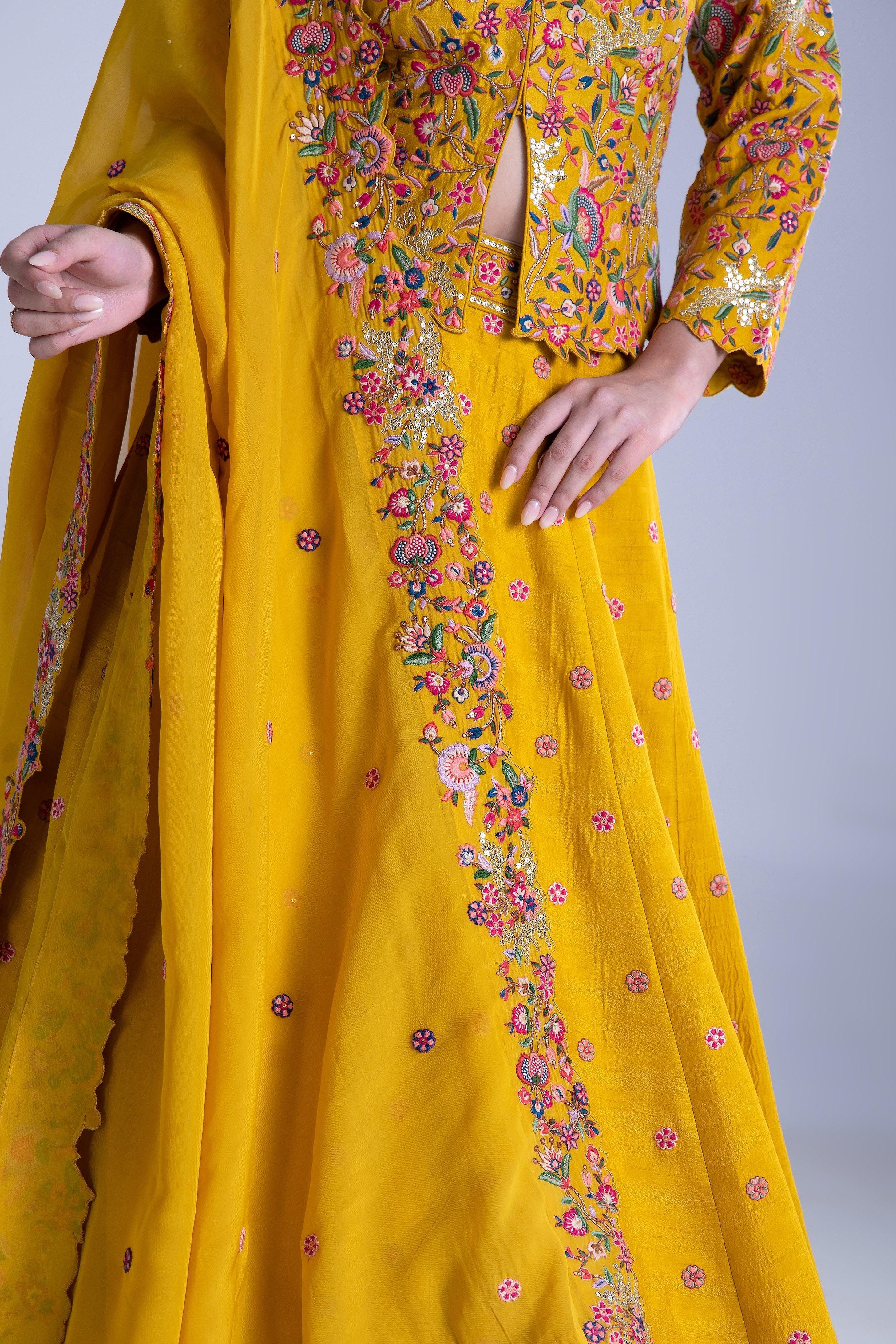 Mustard Yellow Silk Lehenga Set - Mokshaa