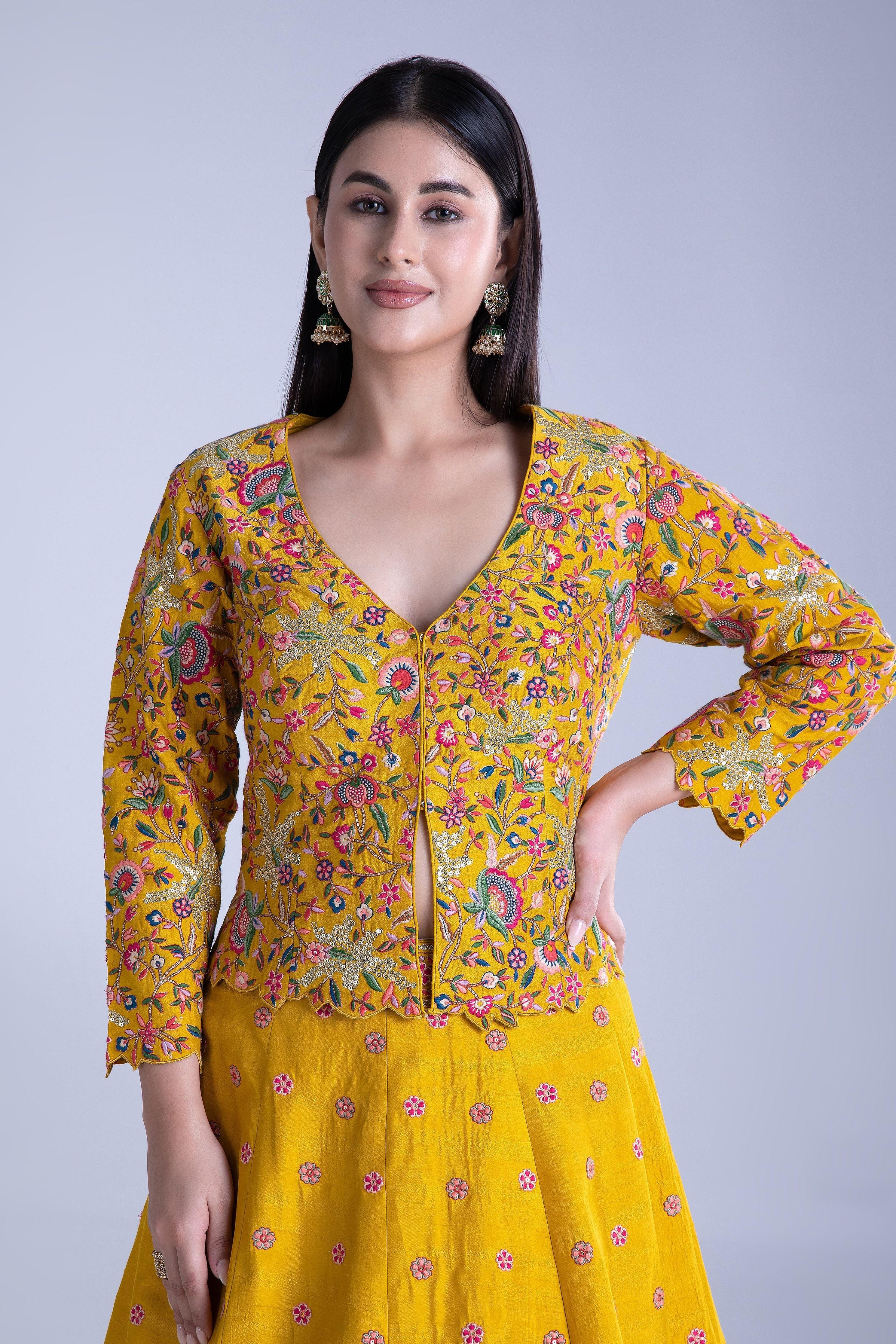 Mustard Yellow Silk Lehenga Set - Mokshaa