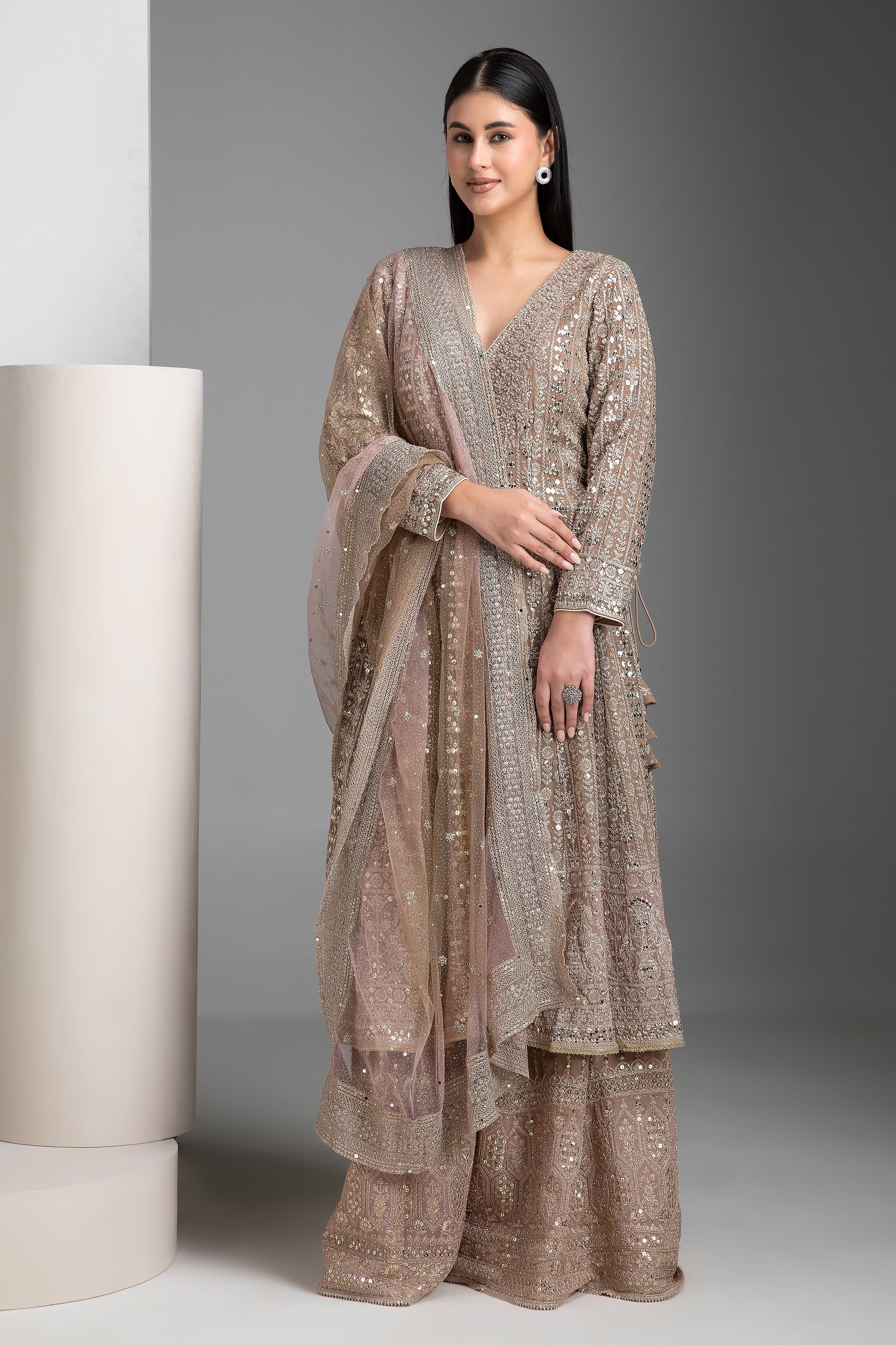 Light Peach Shaded Kurta Set with Gharara - Mokshaa