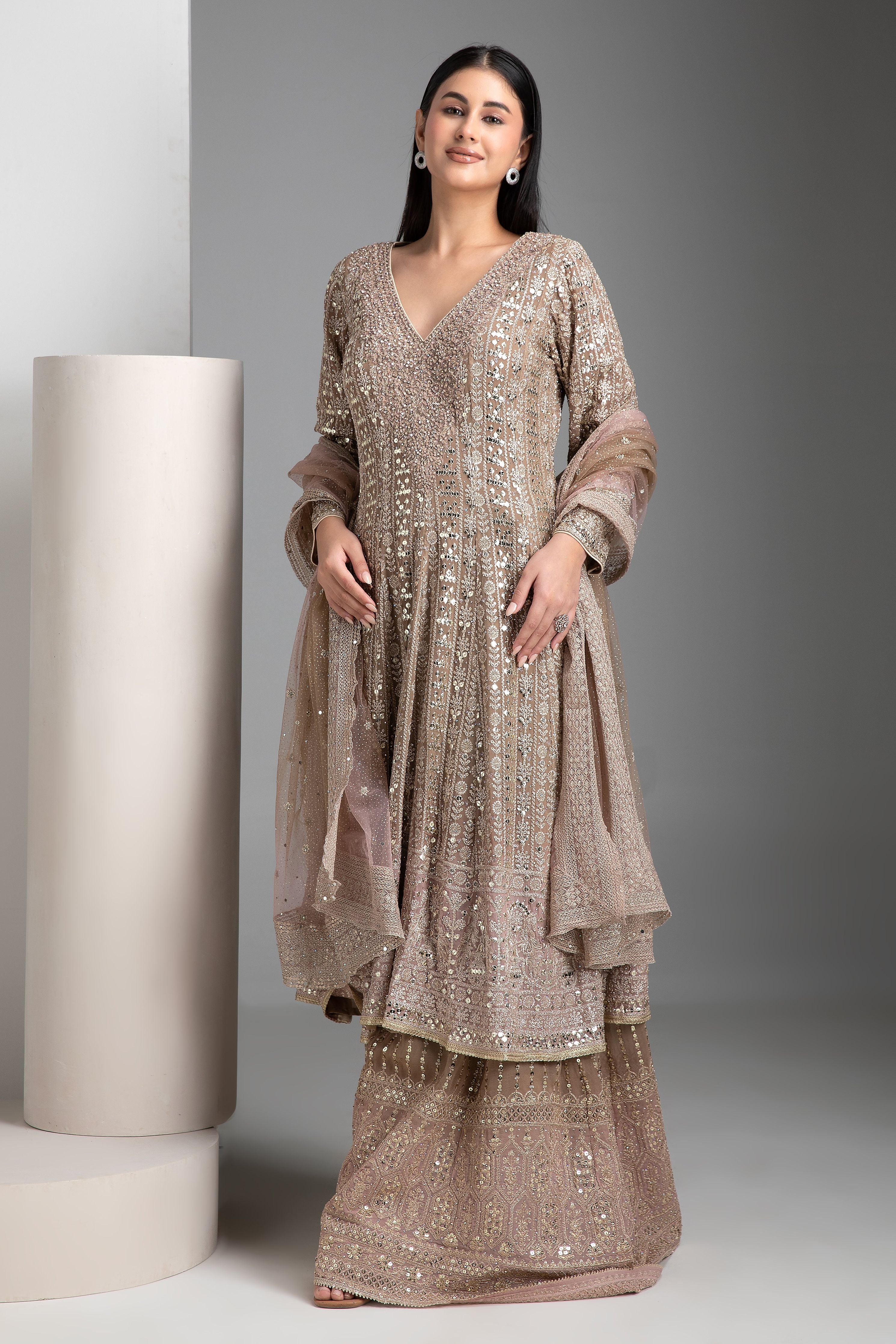 Light Peach Shaded Kurta Set with Gharara - Mokshaa