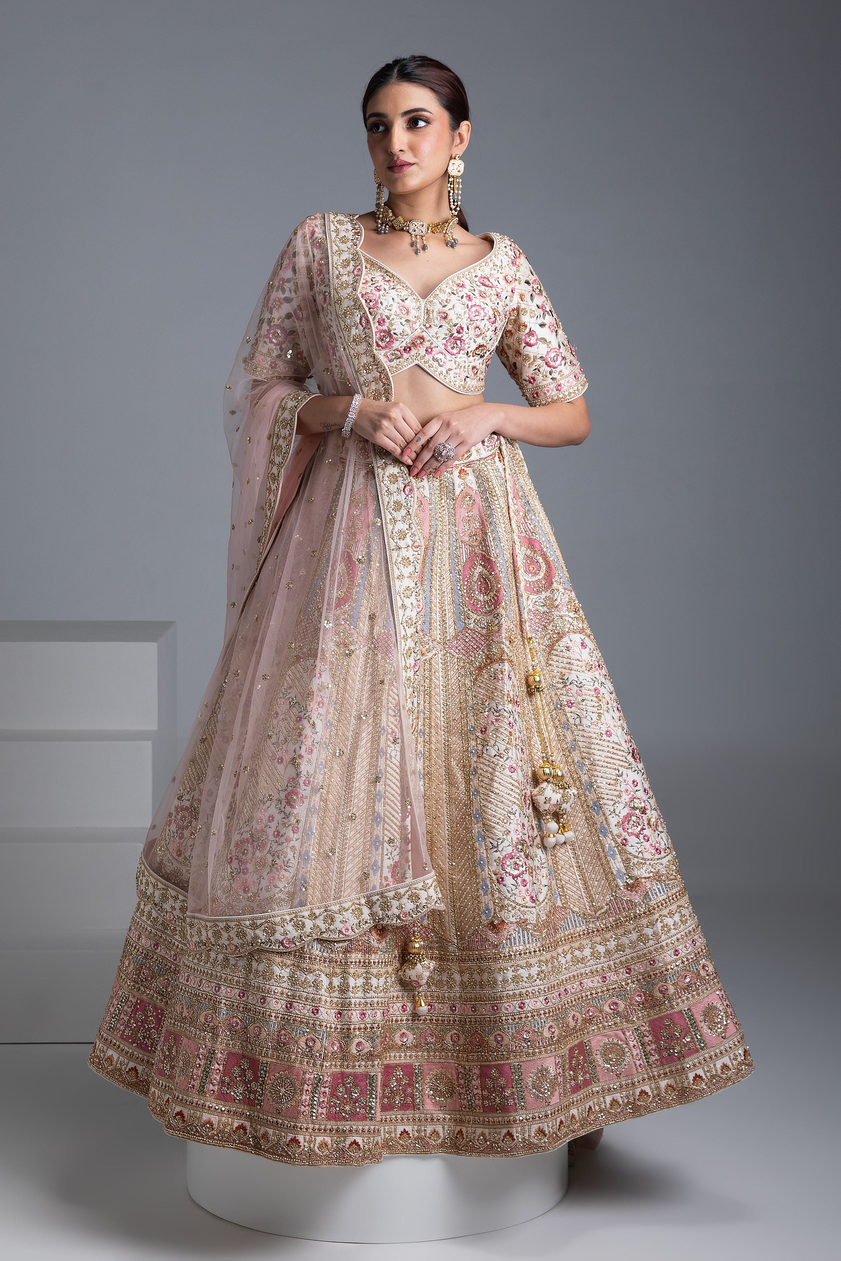 Beige Silk Lehenga with Gold Accents and Blush Pink Dupatta - Mokshaa