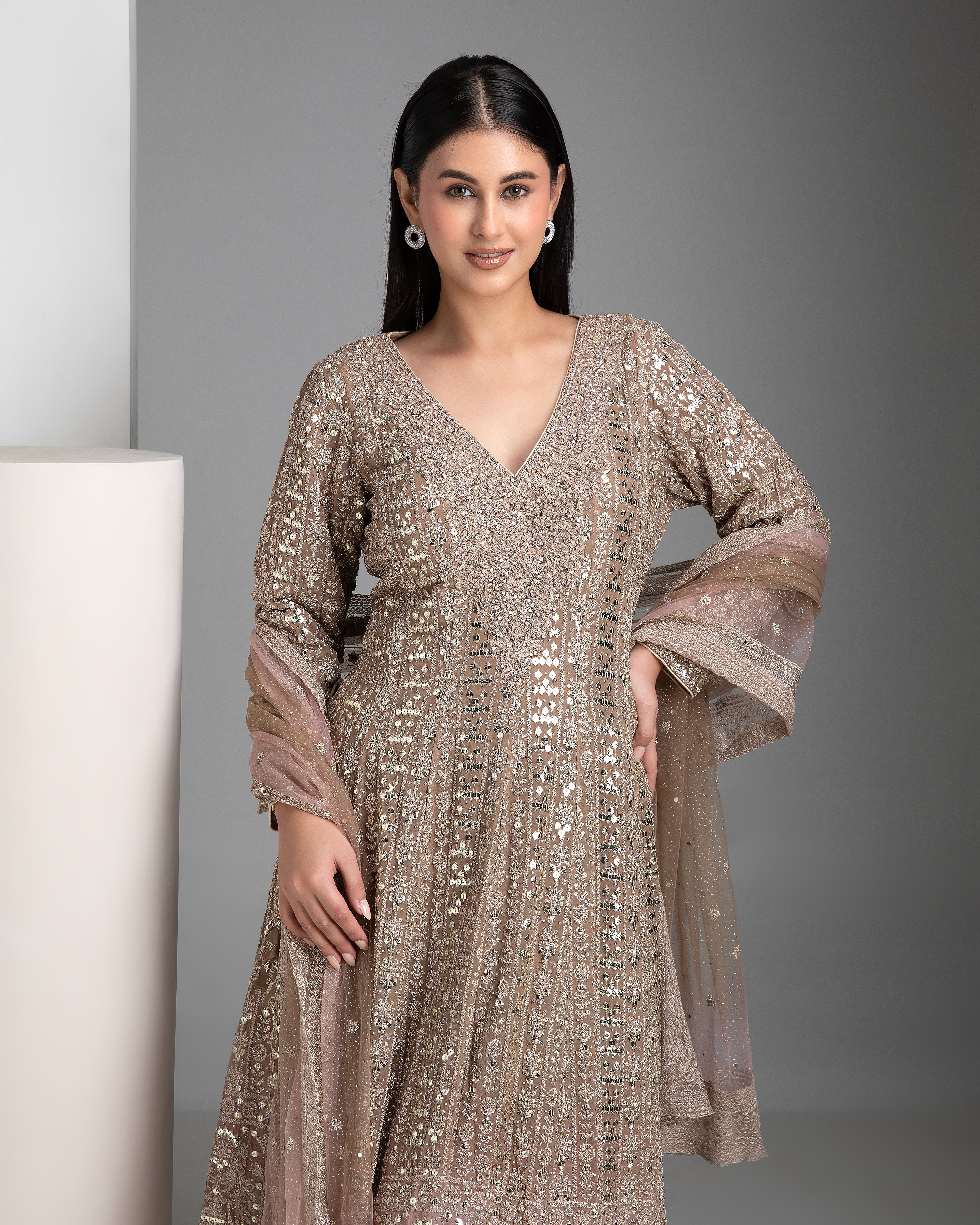 Light Peach Shaded Kurta Set with Gharara - Mokshaa