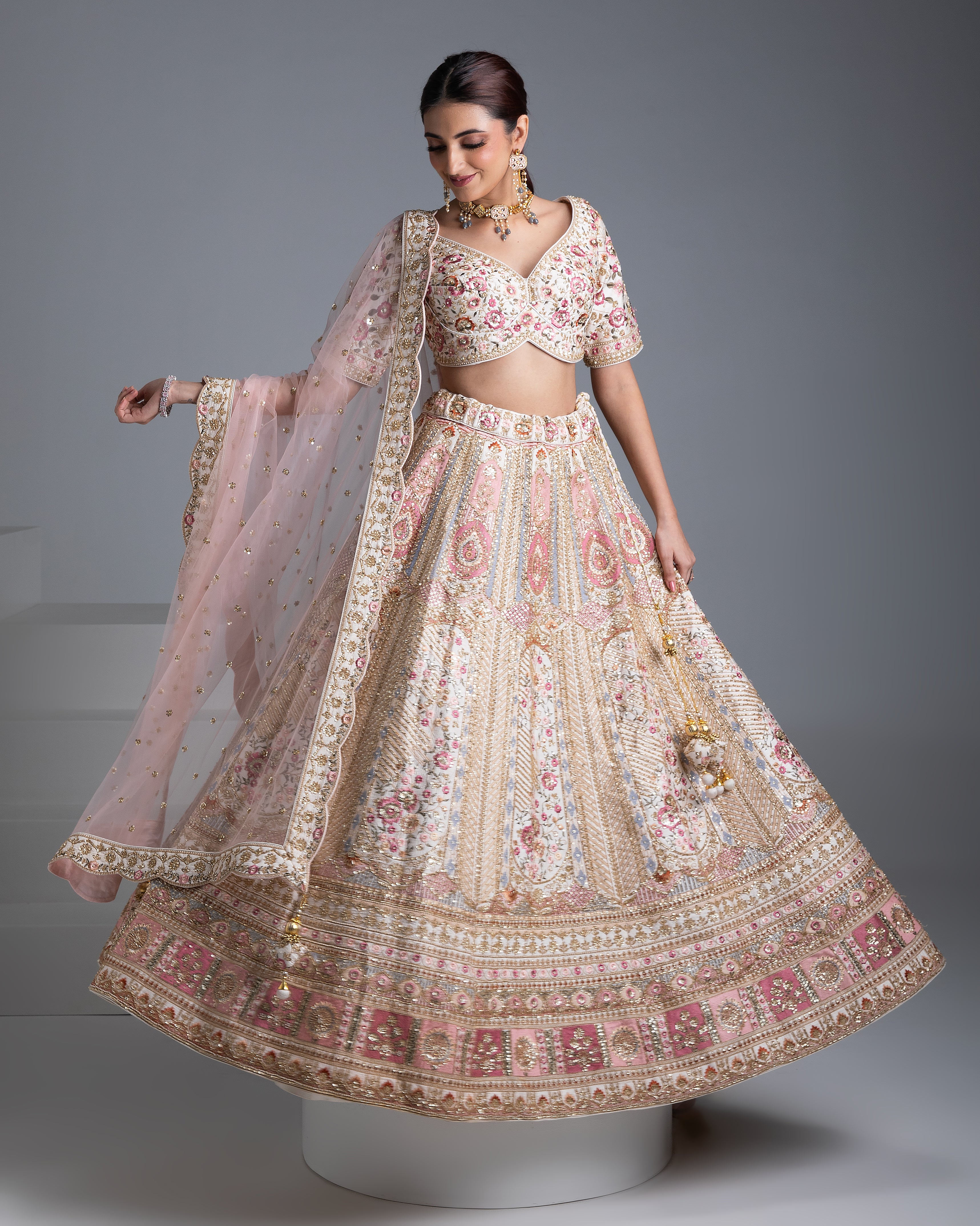 Beige Silk Lehenga with Gold Accents and Blush Pink Dupatta - Mokshaa