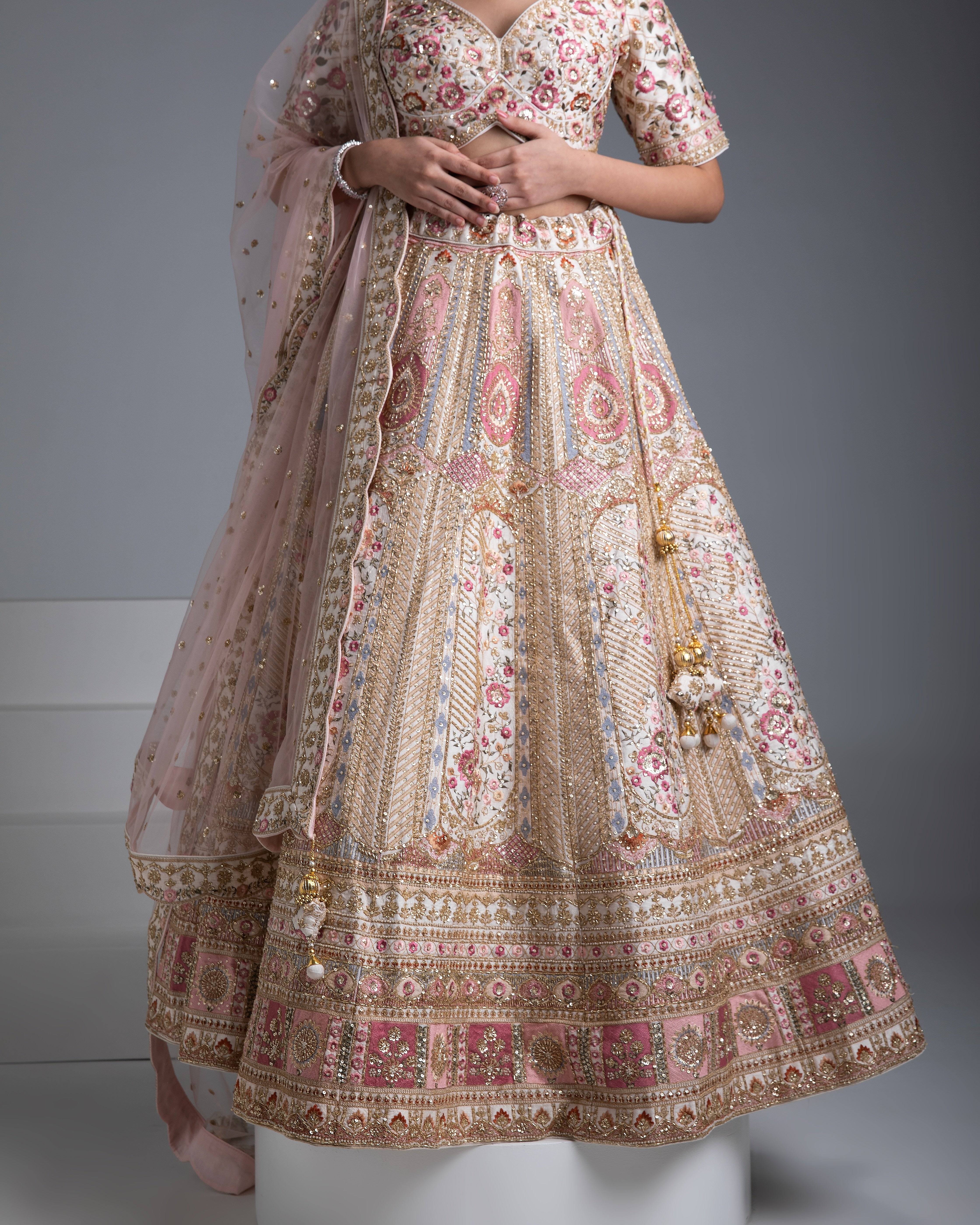 Beige Silk Lehenga with Gold Accents and Blush Pink Dupatta - Mokshaa