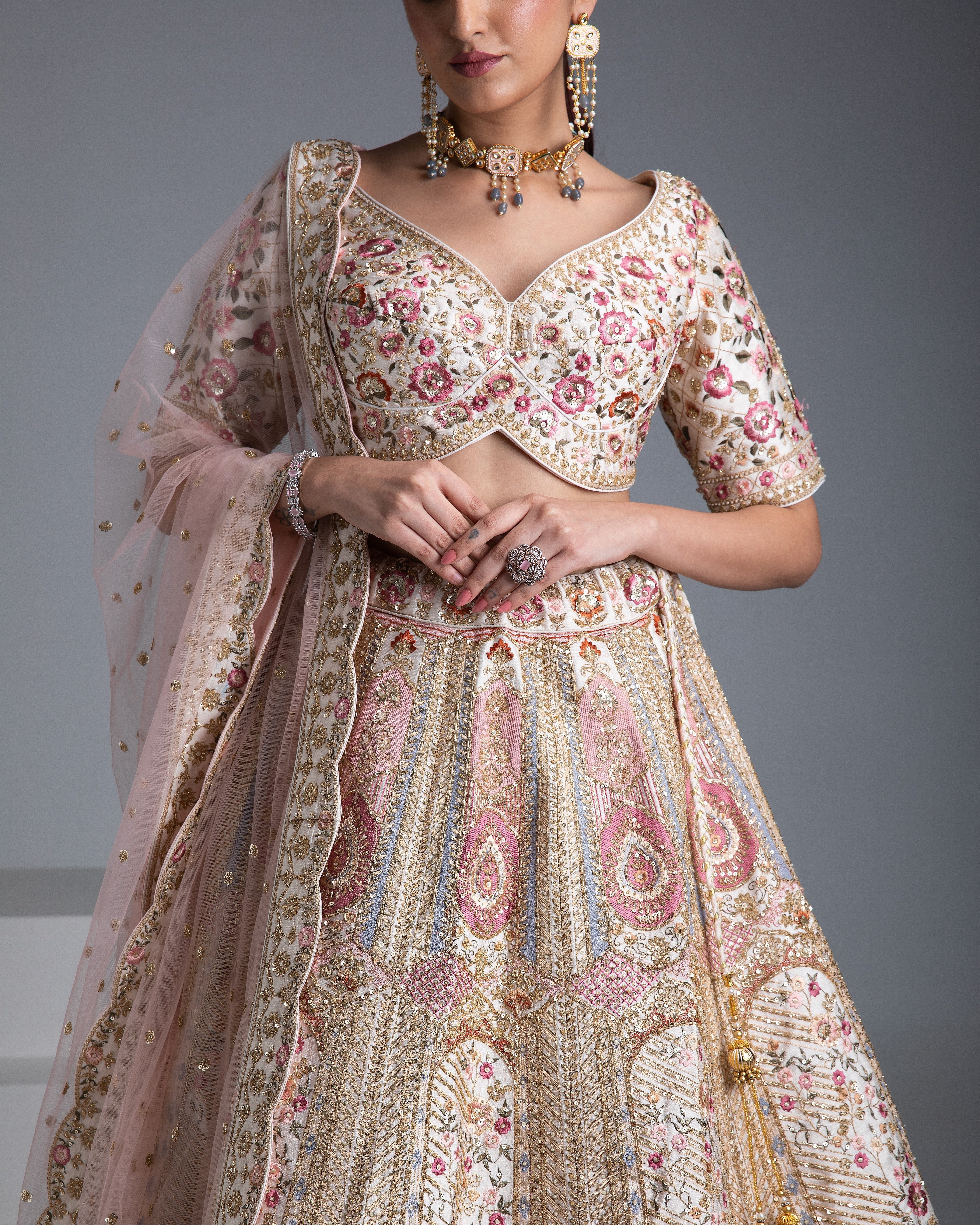 Beige Silk Lehenga with Gold Accents and Blush Pink Dupatta - Mokshaa