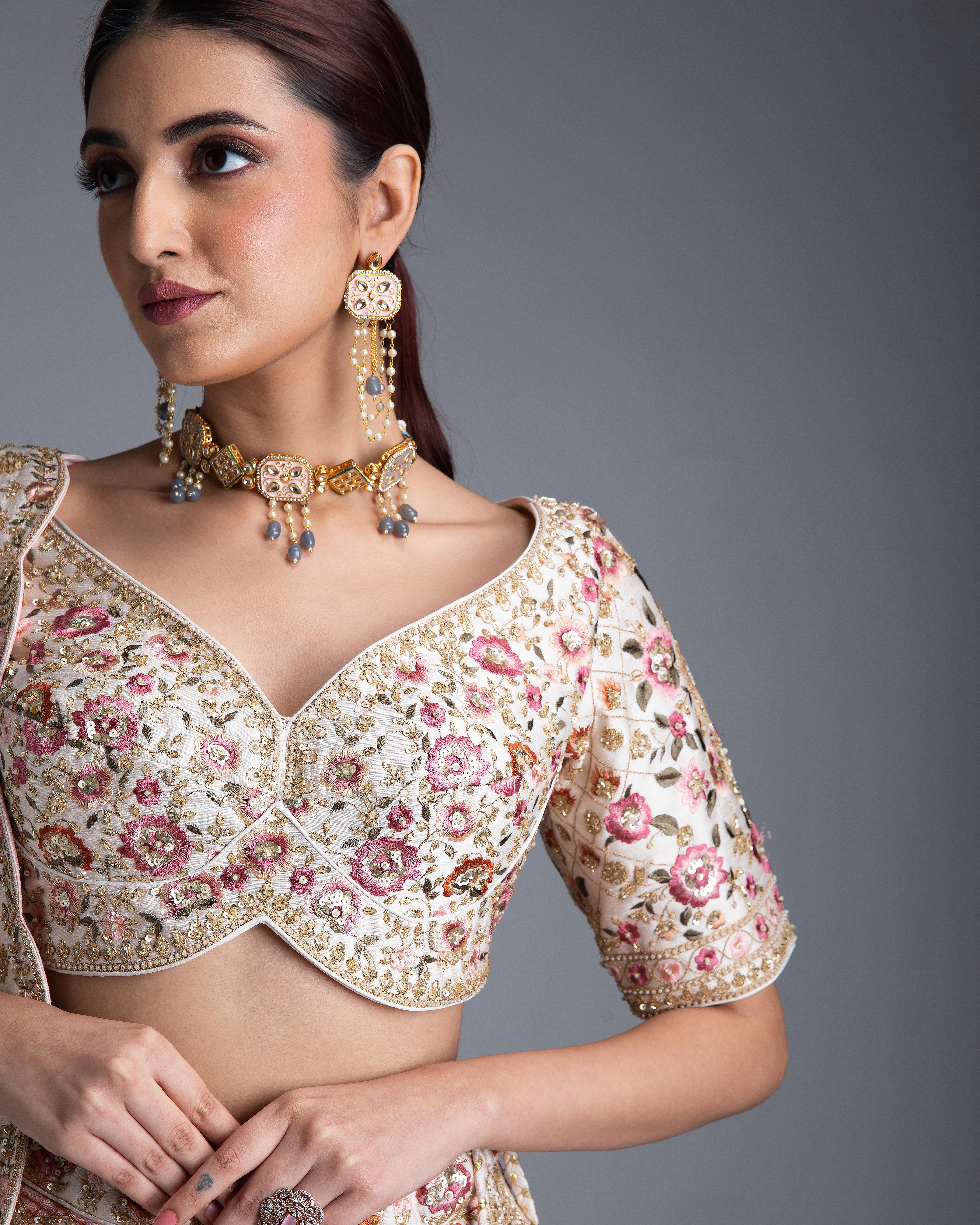 Beige Silk Lehenga with Gold Accents and Blush Pink Dupatta - Mokshaa