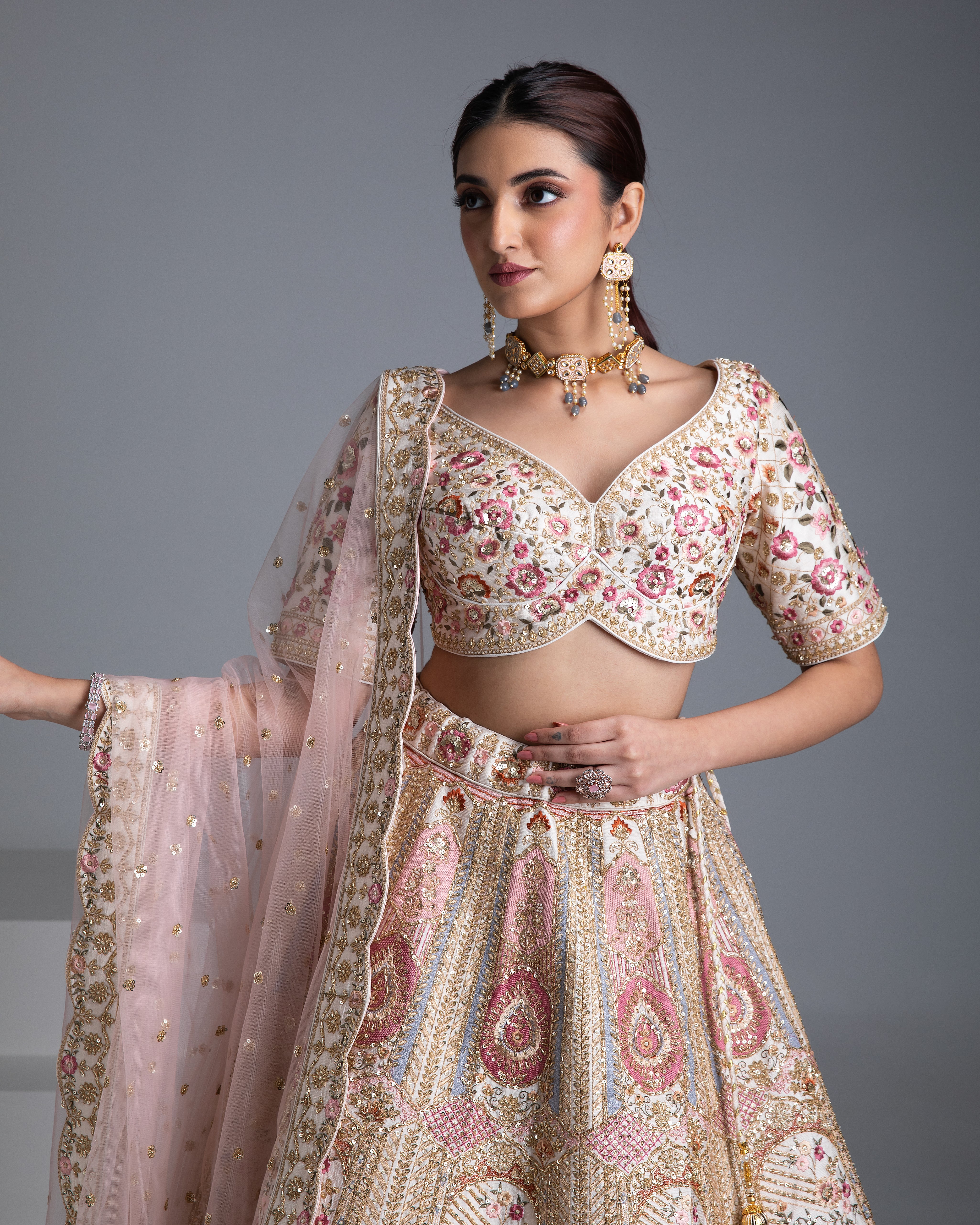 Beige Silk Lehenga with Gold Accents and Blush Pink Dupatta - Mokshaa