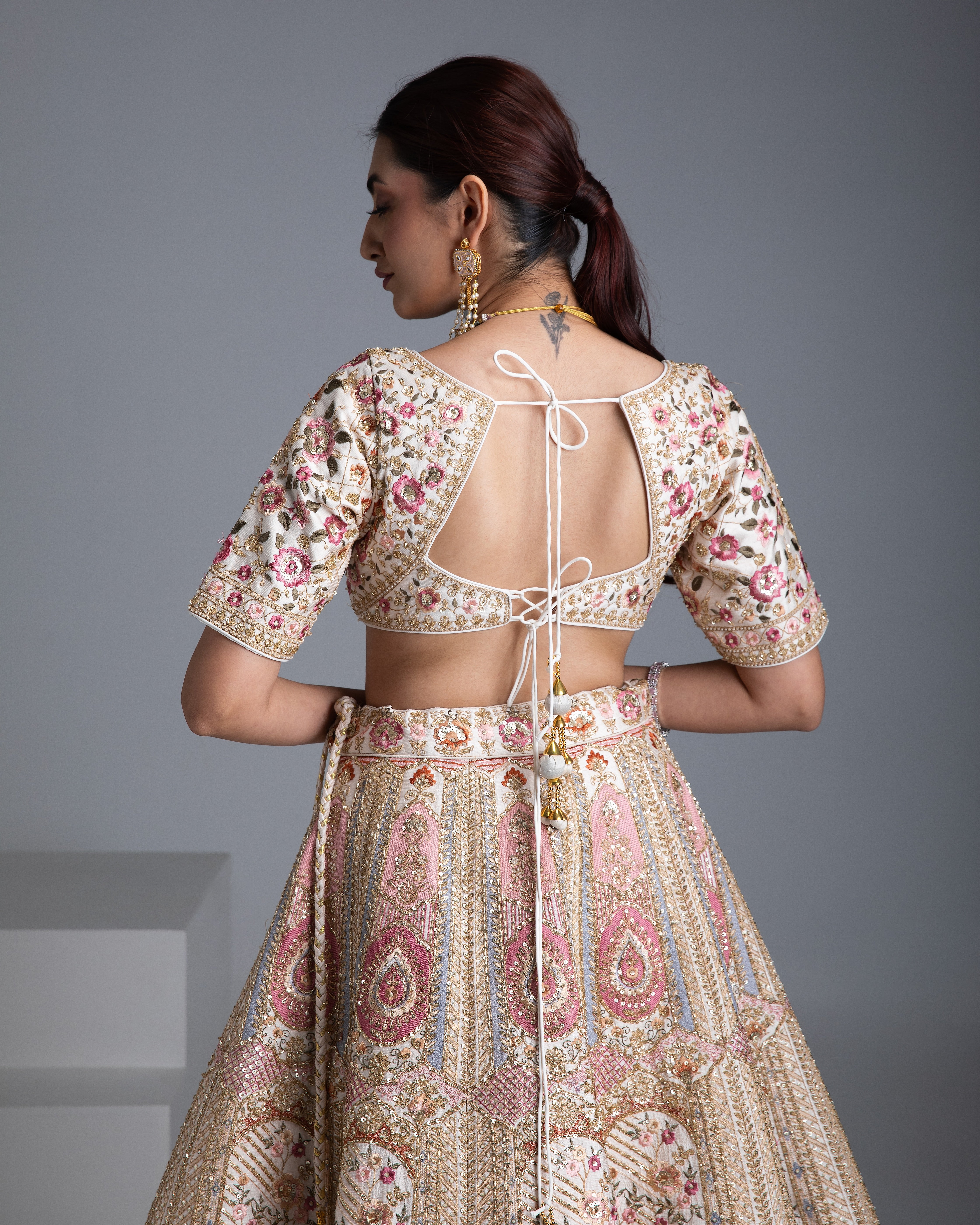 Beige Silk Lehenga with Gold Accents and Blush Pink Dupatta - Mokshaa