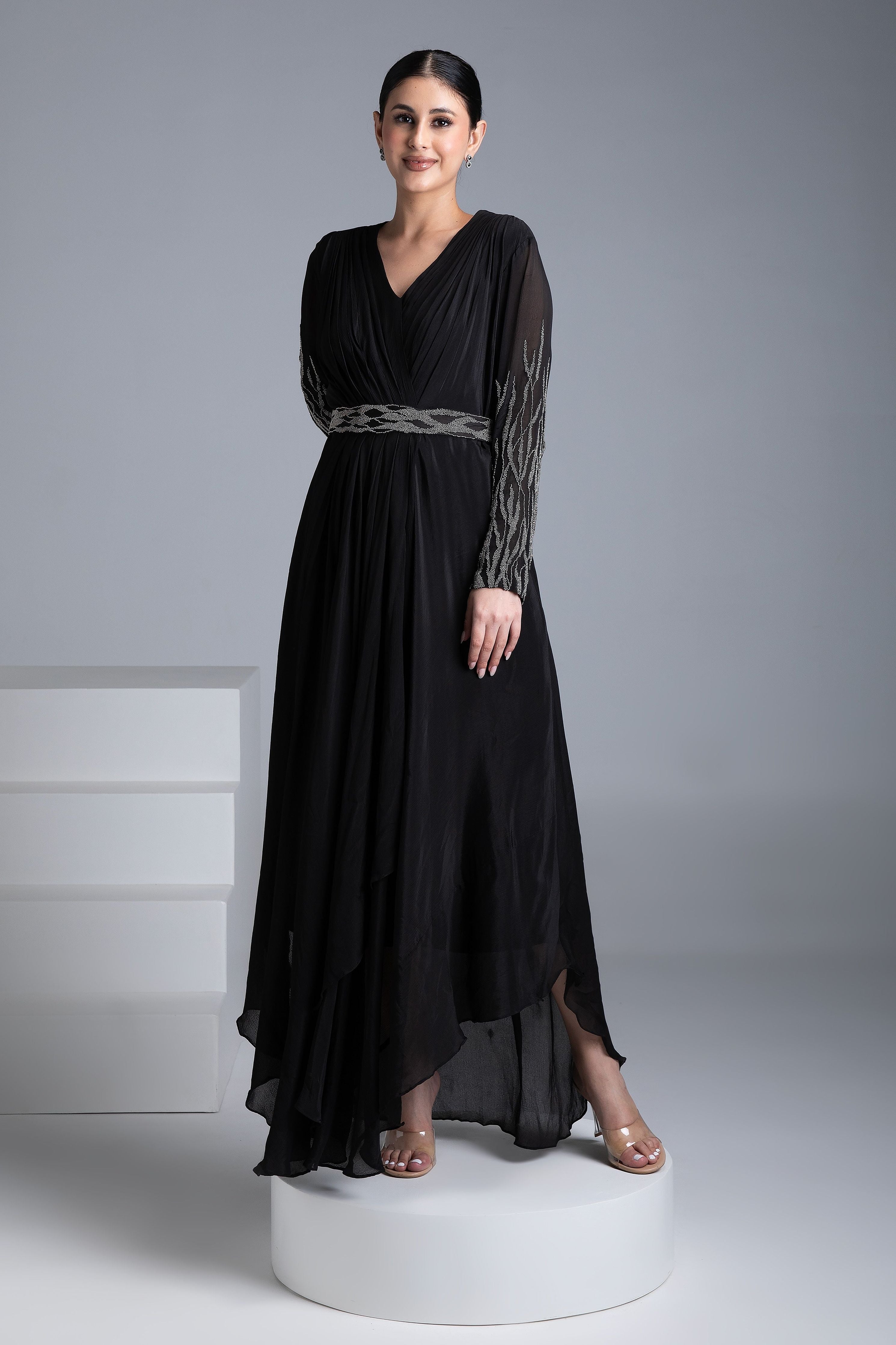 Black Georgette Gown with Silver Embroidery - Mokshaa