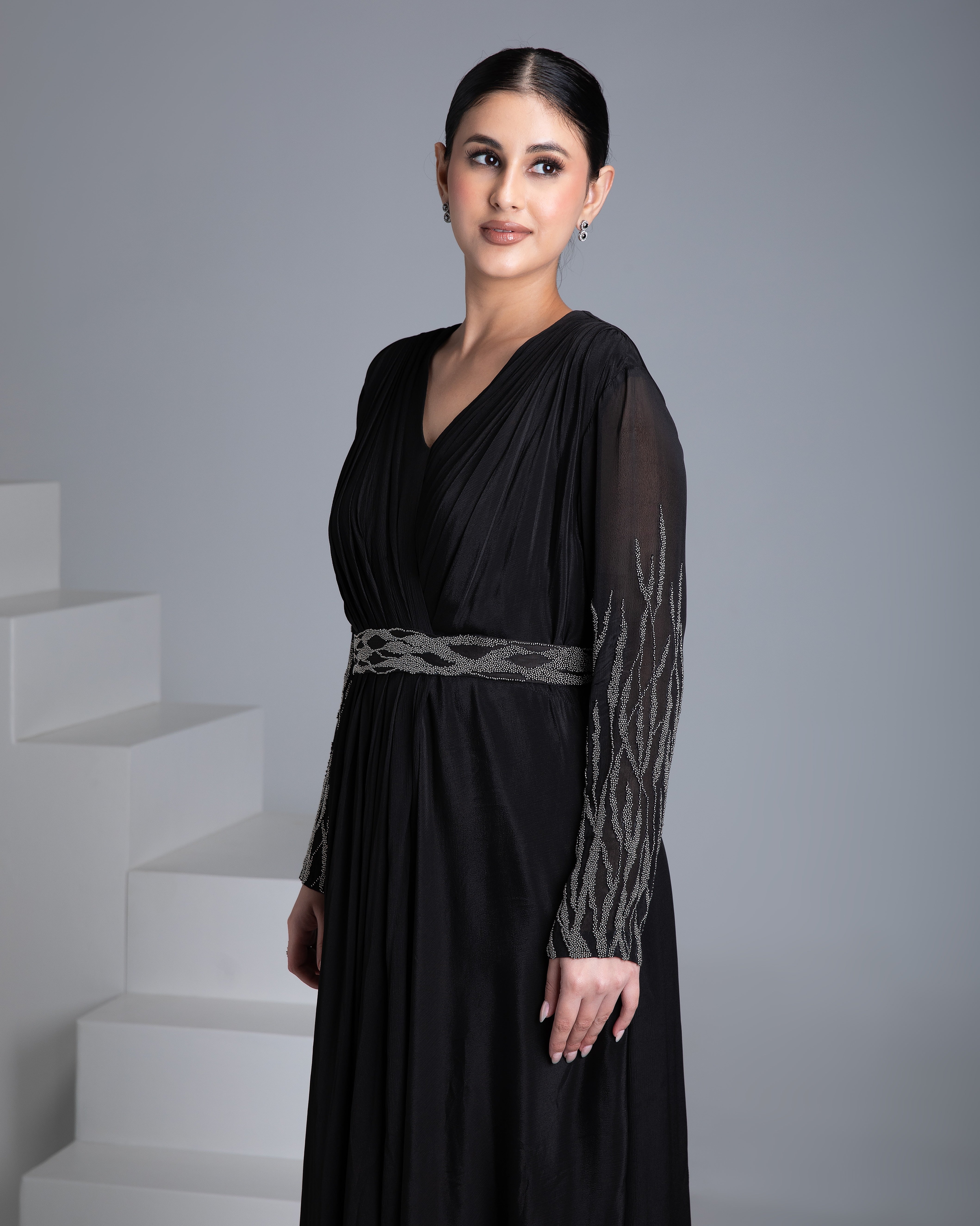 Black Georgette Gown with Silver Embroidery - Mokshaa