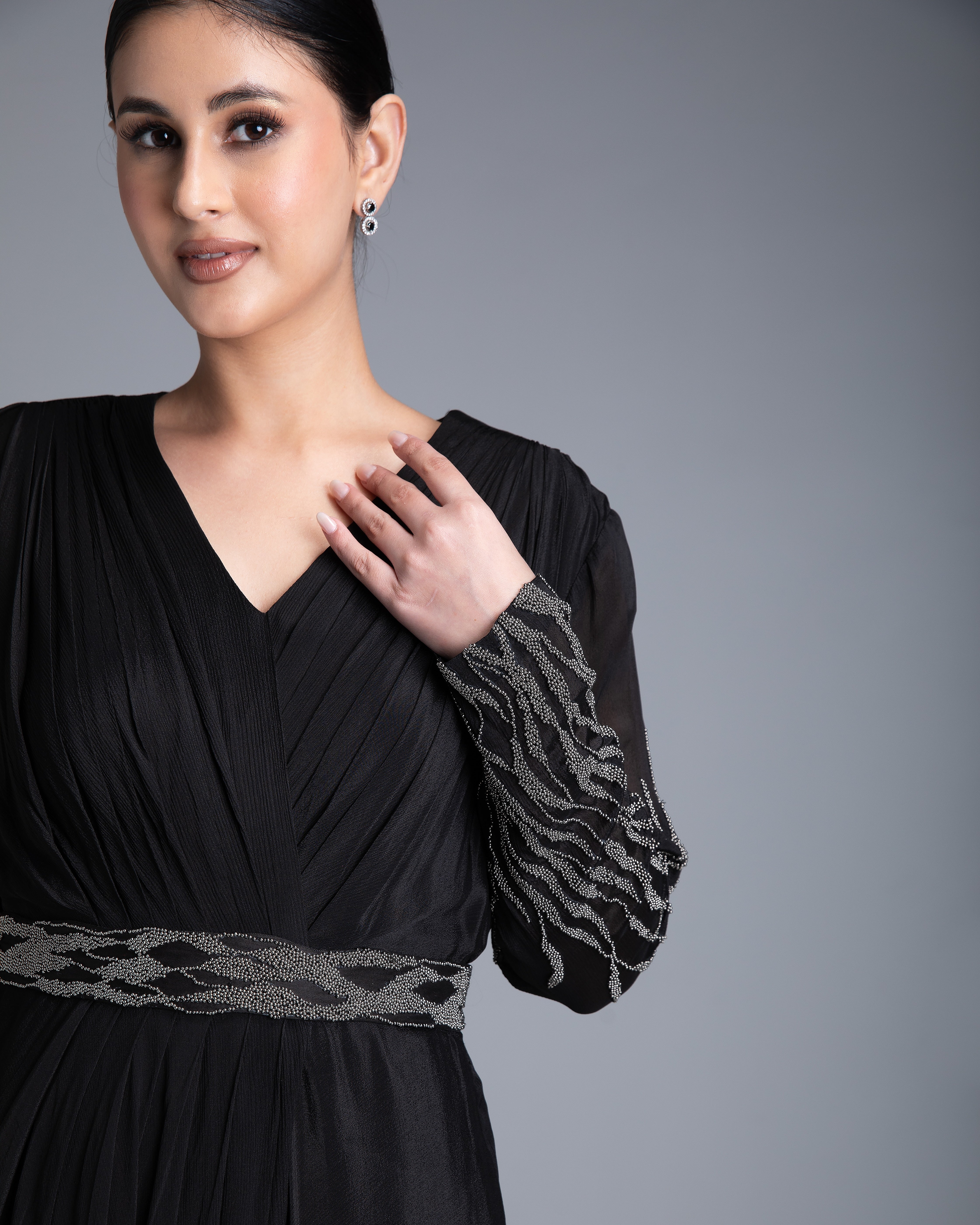 Black Georgette Gown with Silver Embroidery - Mokshaa