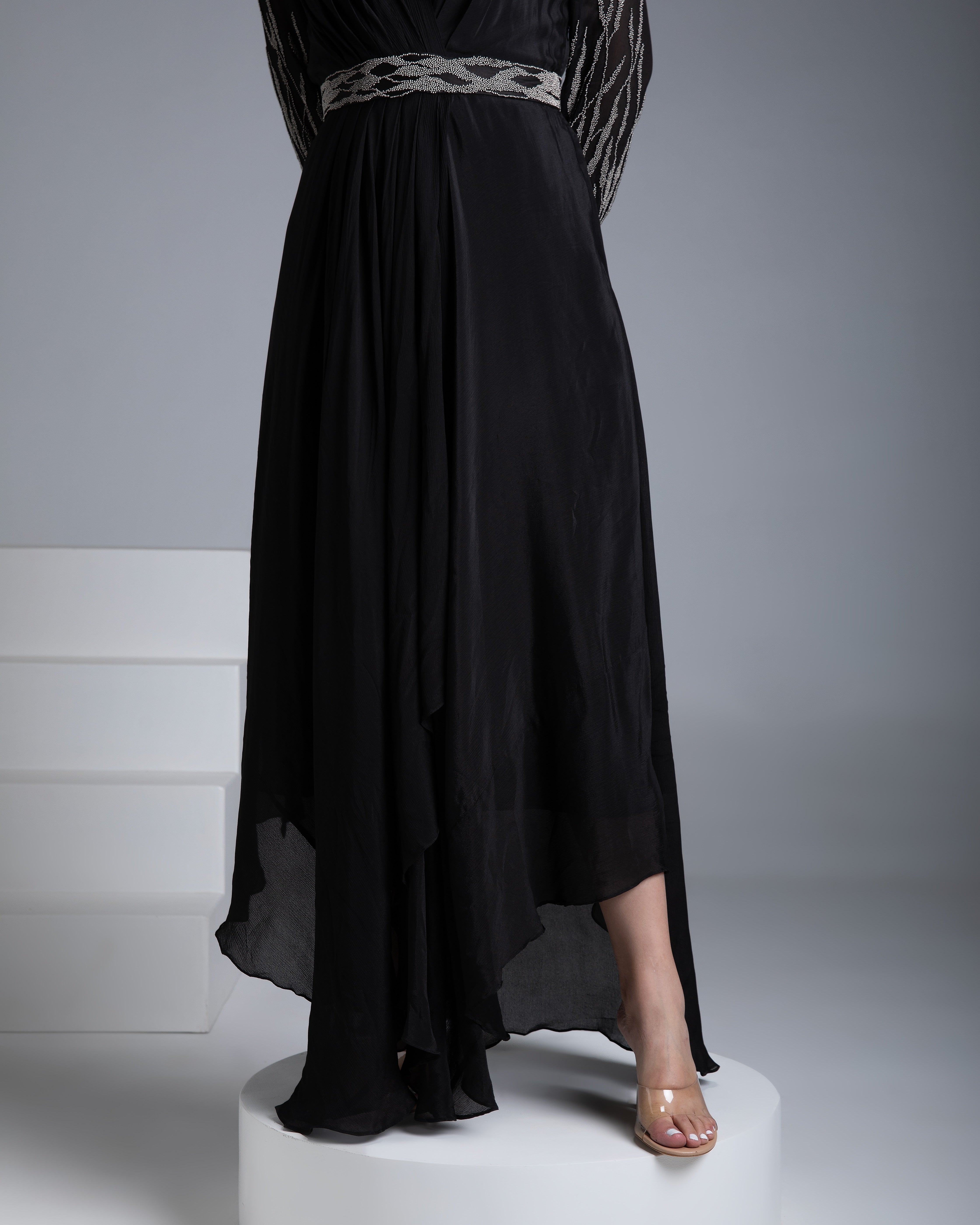 Black Georgette Gown with Silver Embroidery - Mokshaa