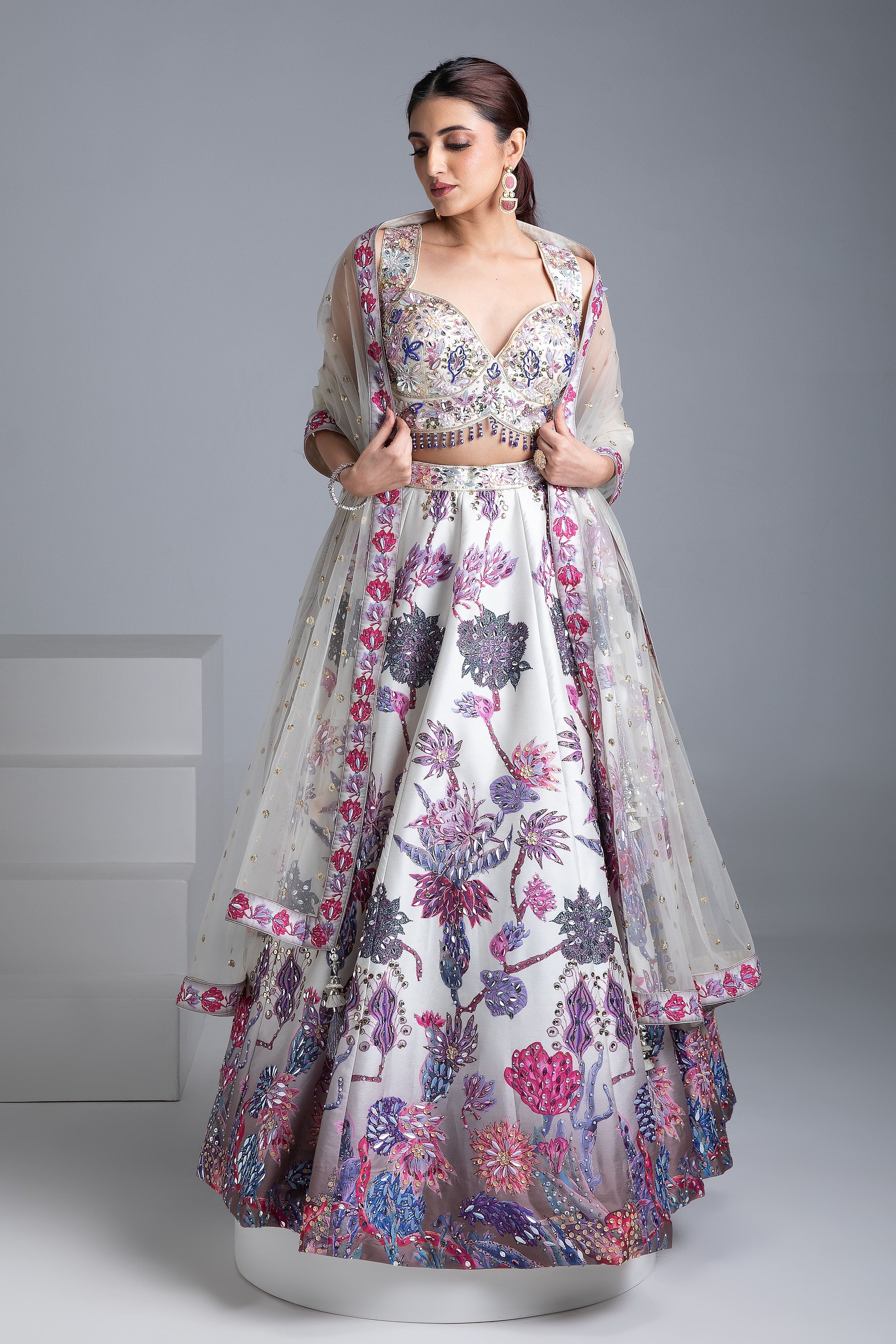 Ivory Silk Lehenga with Multicolor Floral Embroidery and Net Dupatta - Mokshaa