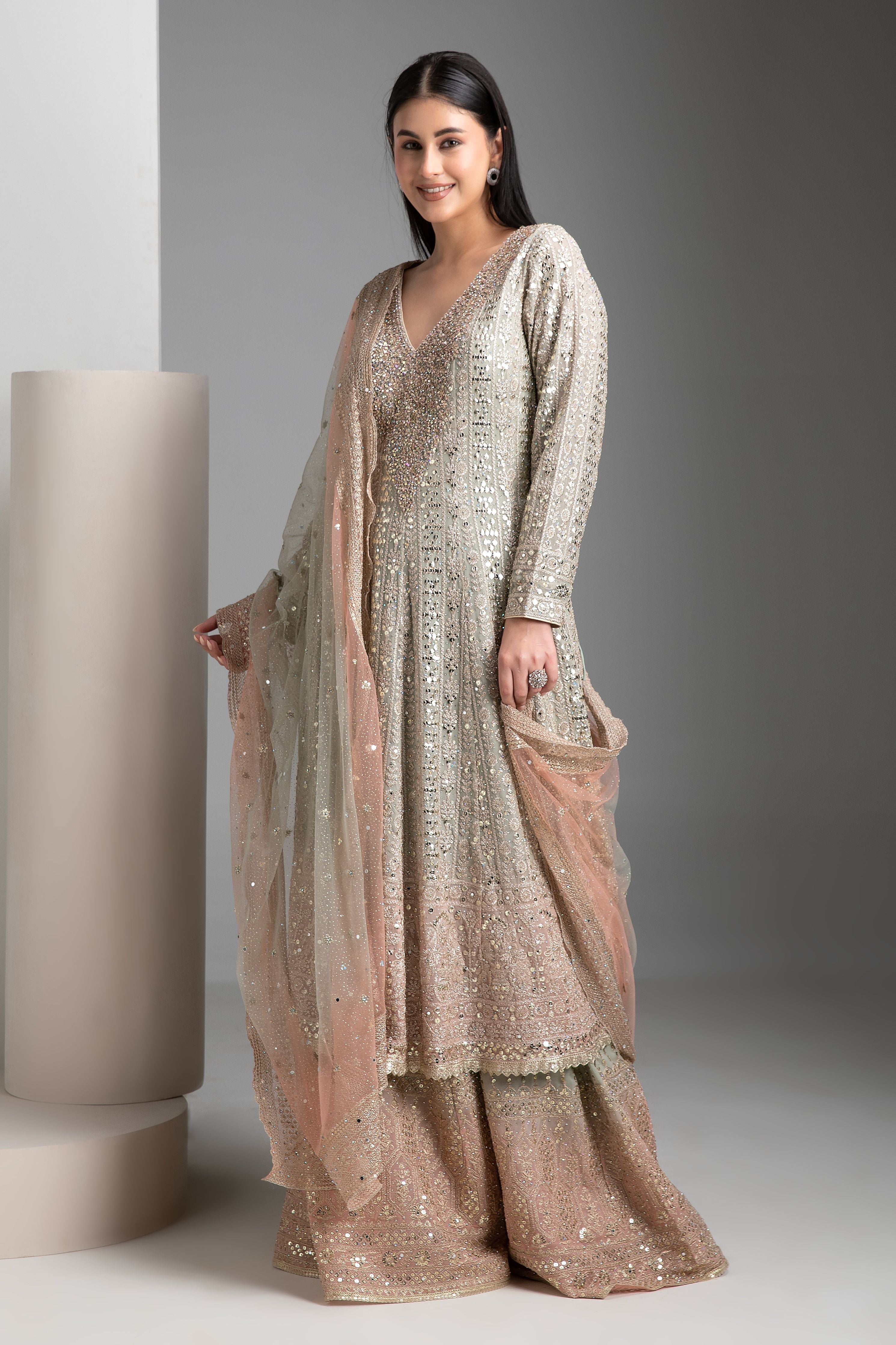 Warm Grey Shaded Short Anarkali with Gharara Set - Mokshaa