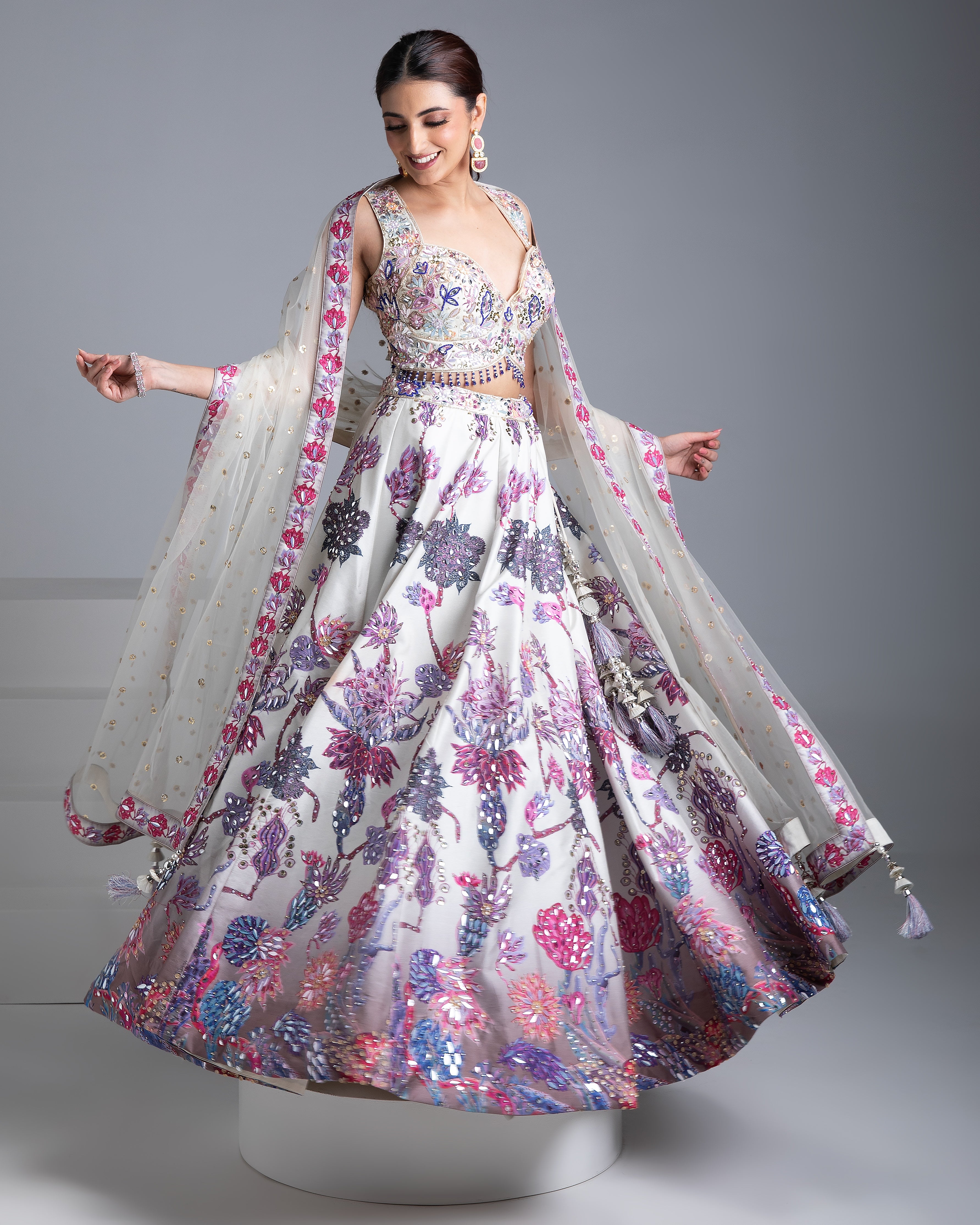 Ivory Silk Lehenga with Multicolor Floral Embroidery and Net Dupatta - Mokshaa