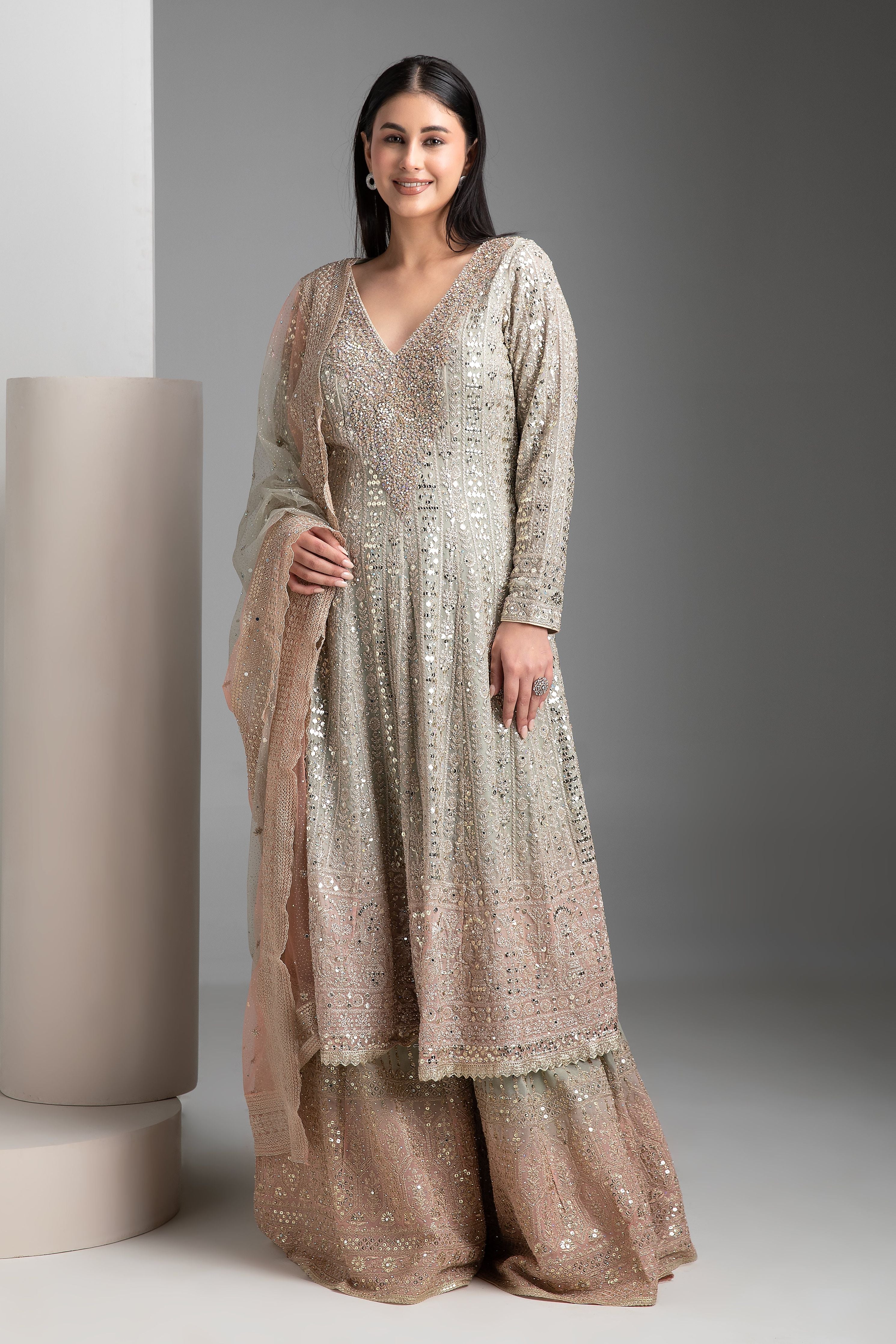 Warm Grey Shaded Short Anarkali with Gharara Set - Mokshaa