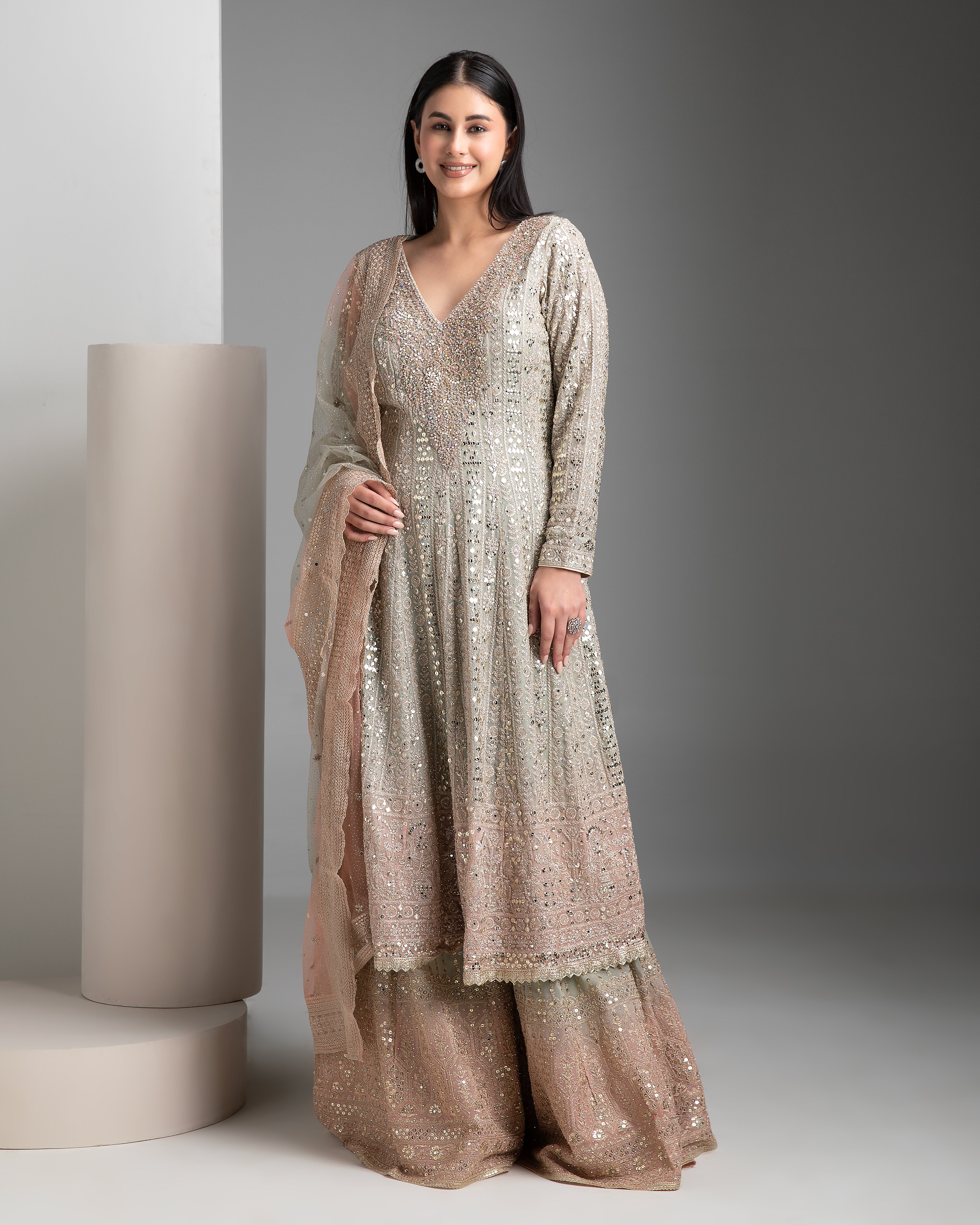 Warm Grey Shaded Short Anarkali with Gharara Set - Mokshaa