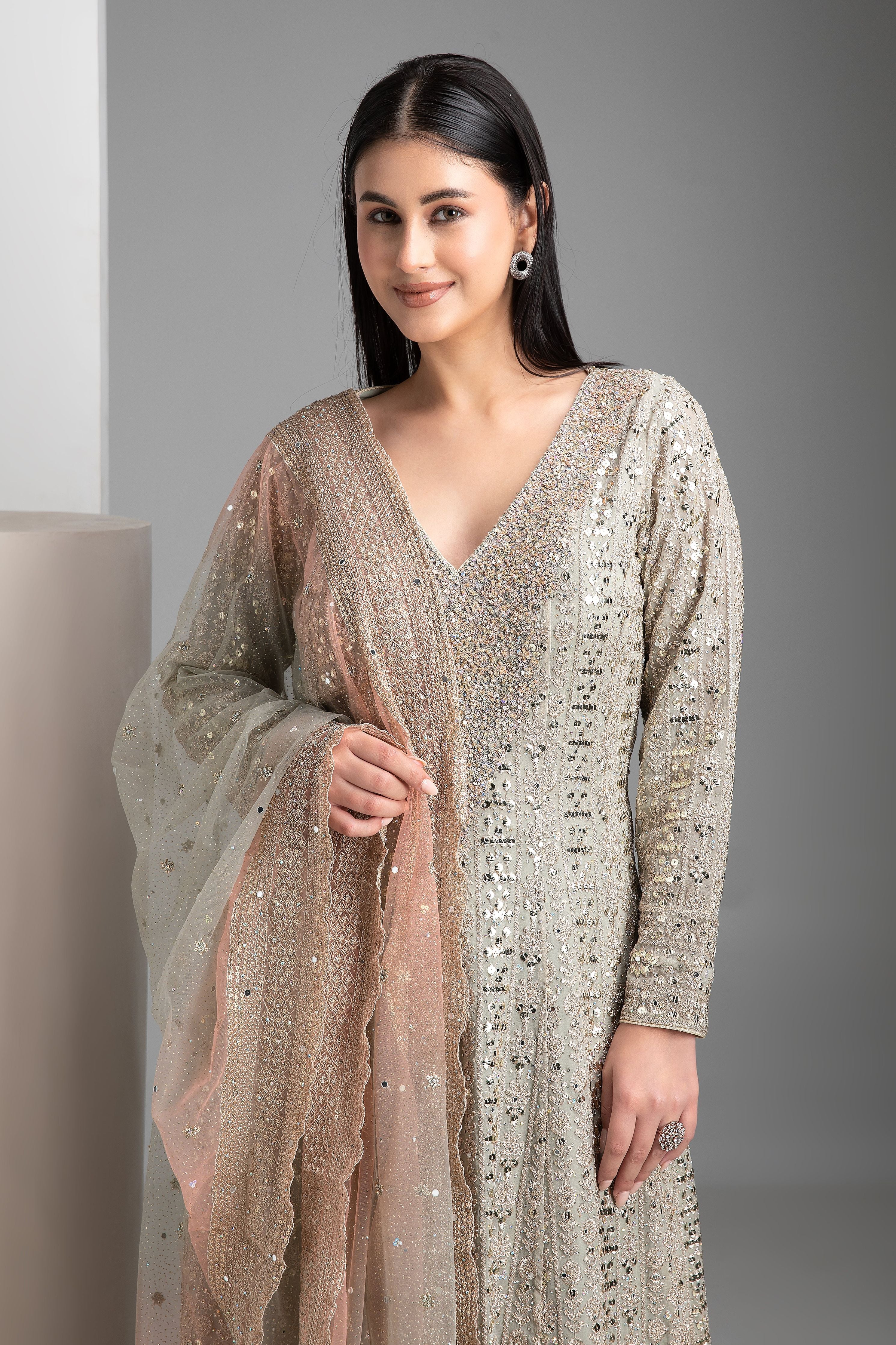 Warm Grey Shaded Short Anarkali with Gharara Set - Mokshaa