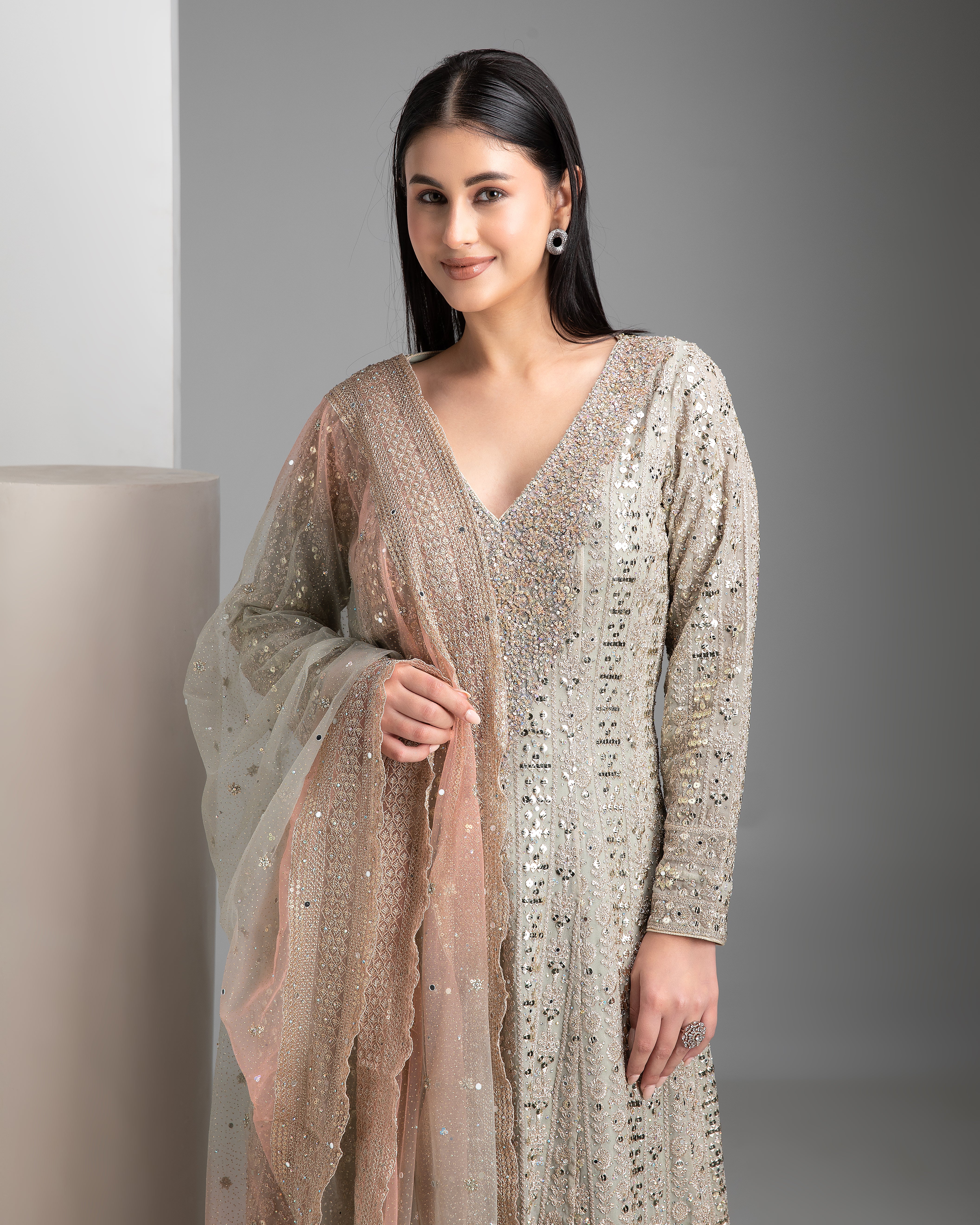 Warm Grey Shaded Short Anarkali with Gharara Set - Mokshaa