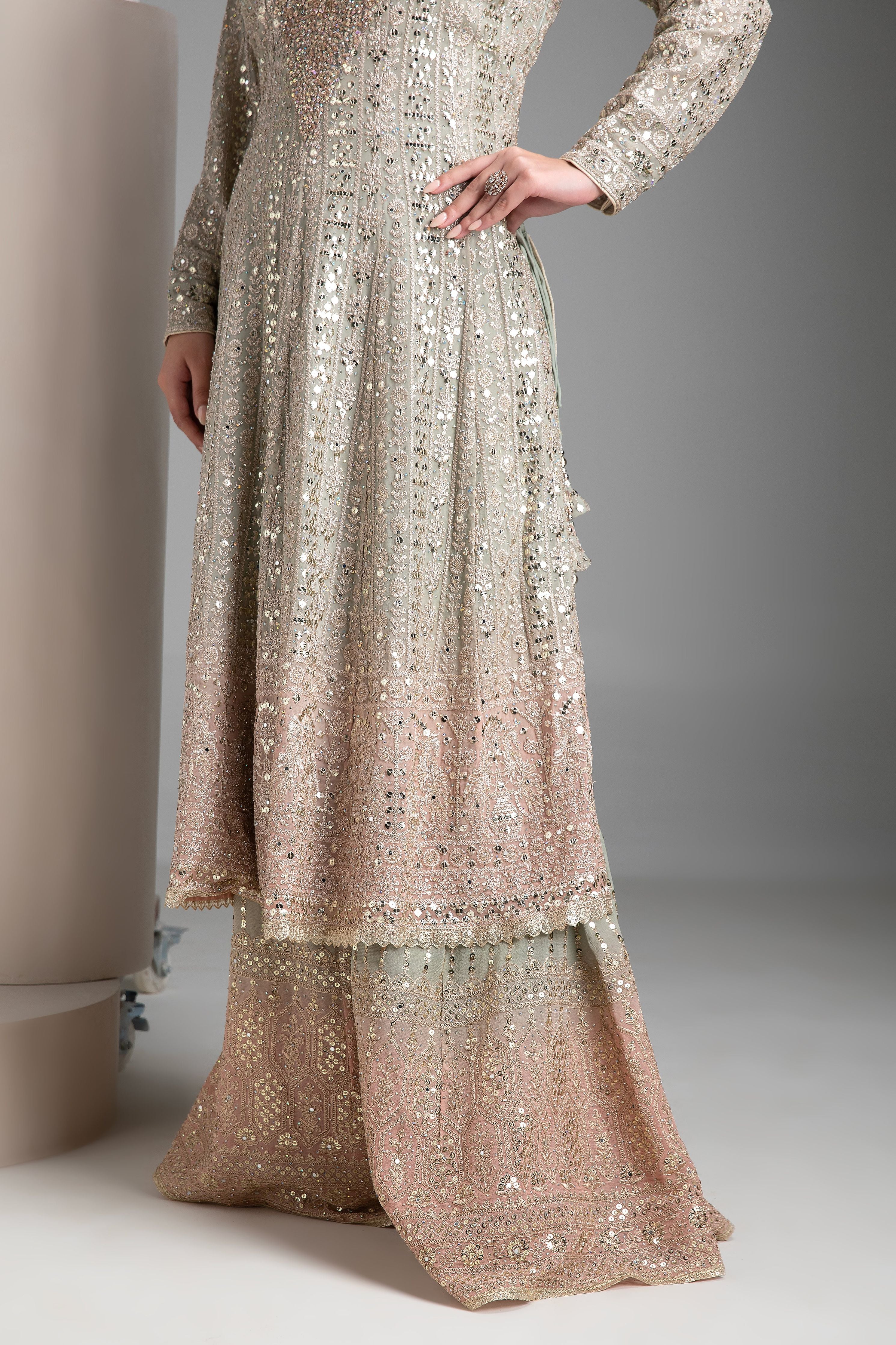 Warm Grey Shaded Short Anarkali with Gharara Set - Mokshaa