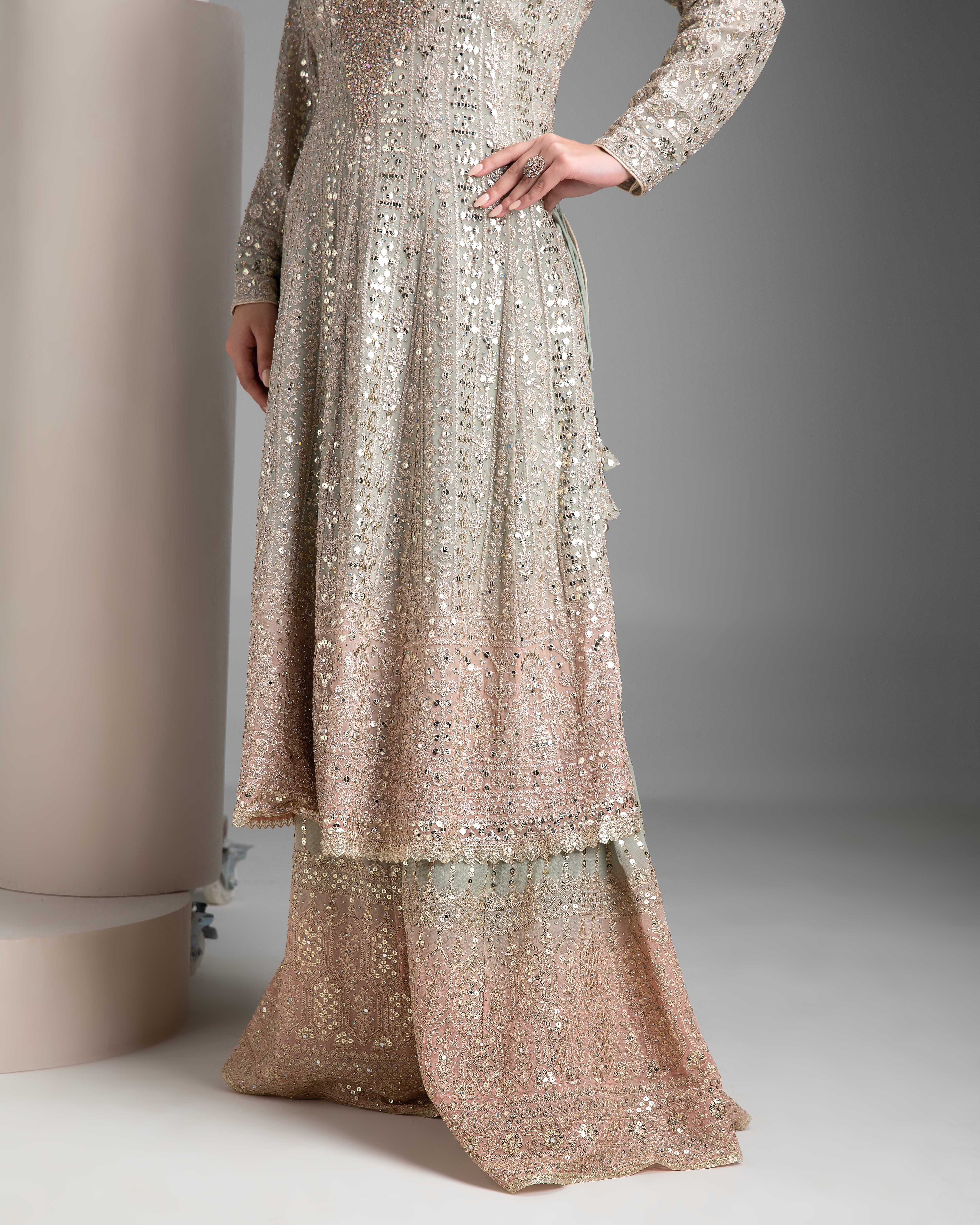 Warm Grey Shaded Short Anarkali with Gharara Set - Mokshaa