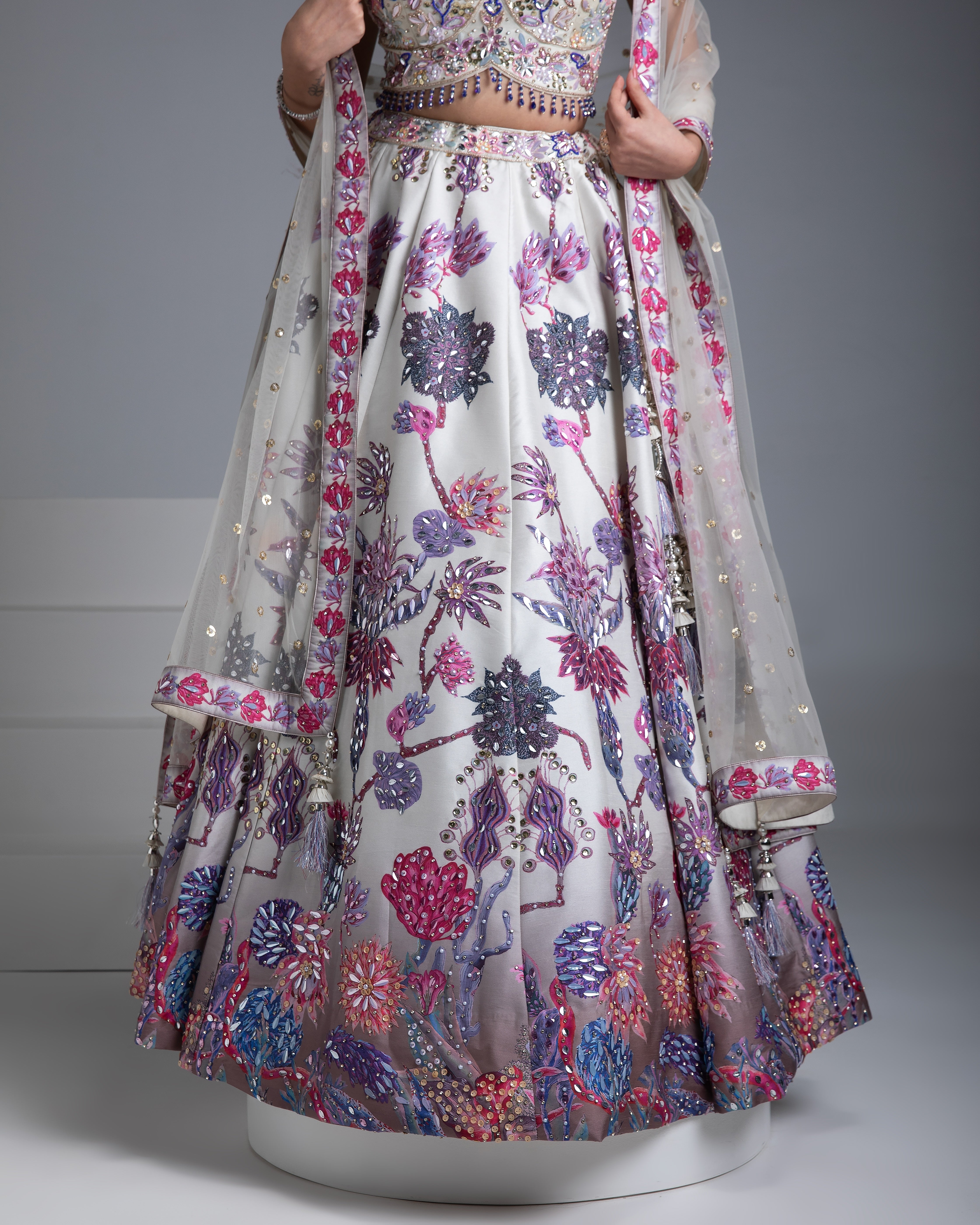 Ivory Silk Lehenga with Multicolor Floral Embroidery and Net Dupatta - Mokshaa