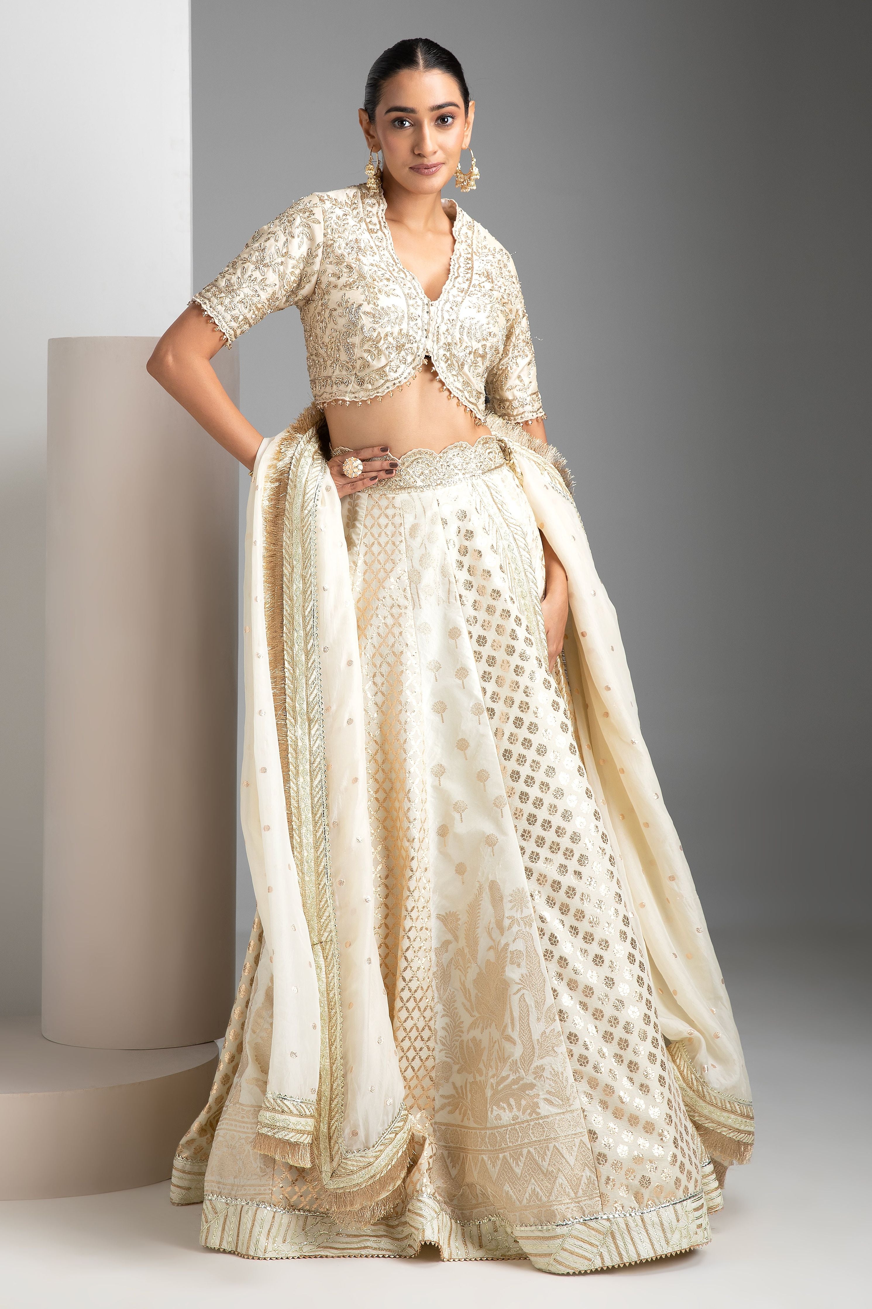 Ivory Banarasi Lehenga Set - Mokshaa