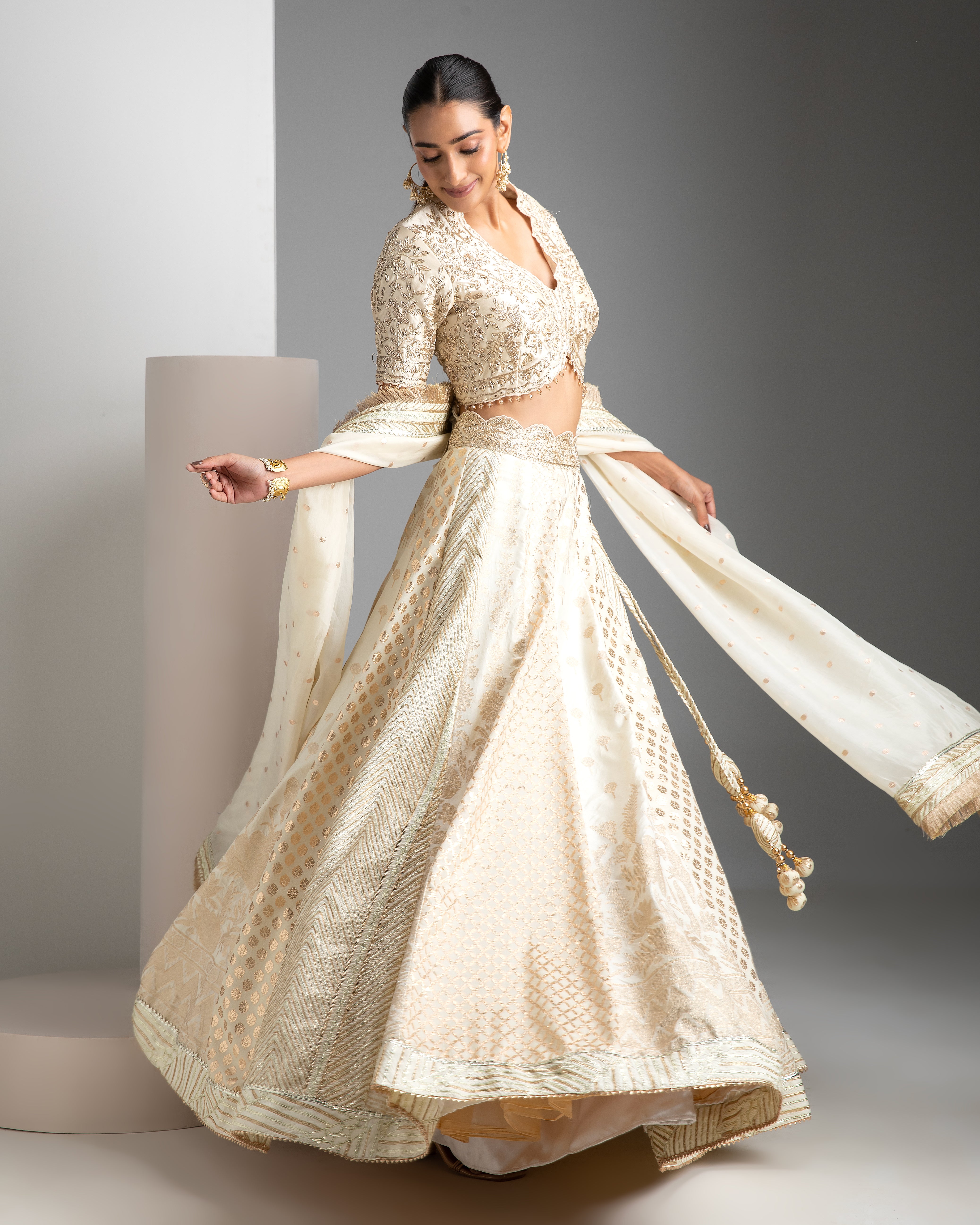 Ivory Banarasi Lehenga Set - Mokshaa