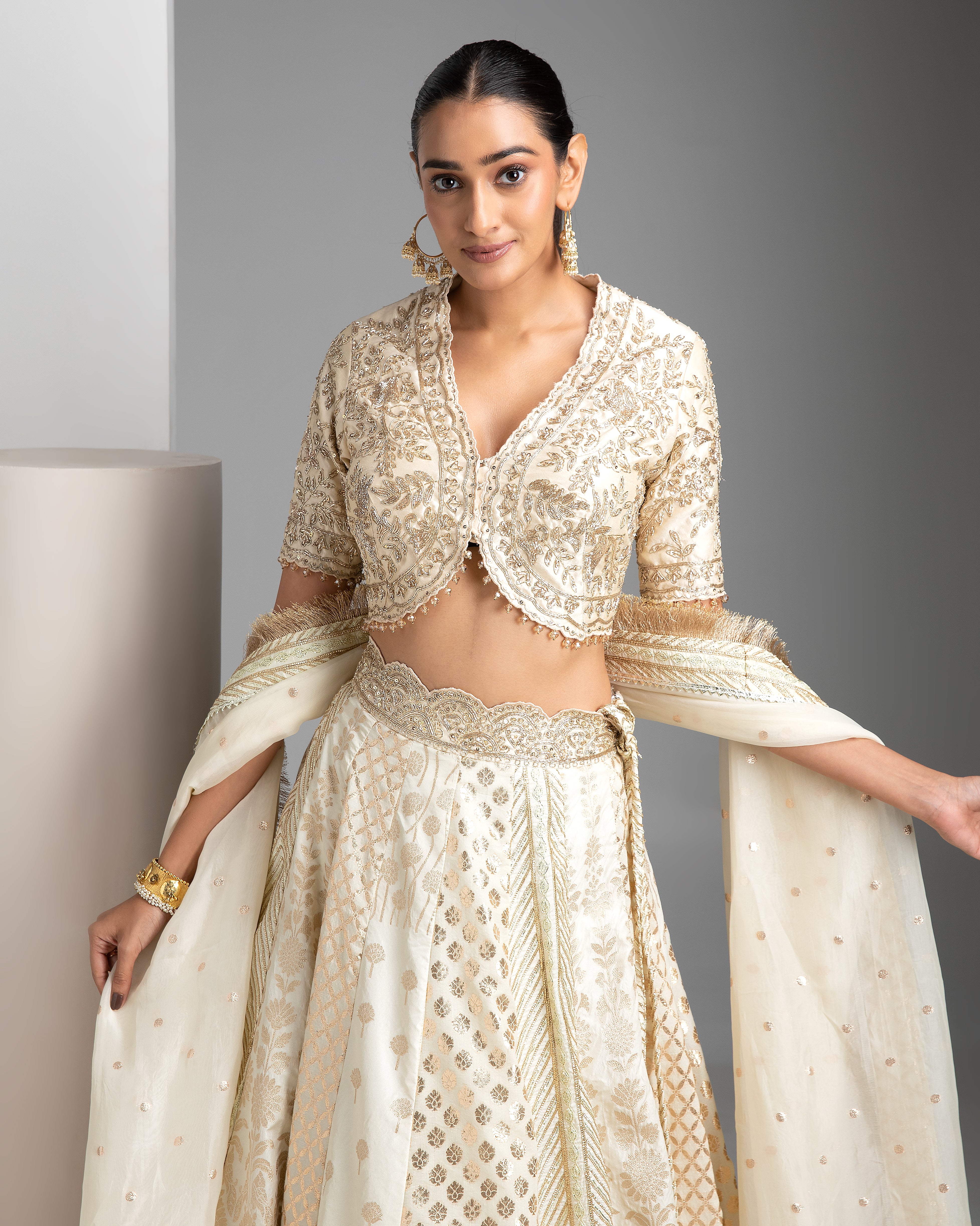 Ivory Banarasi Lehenga Set - Mokshaa