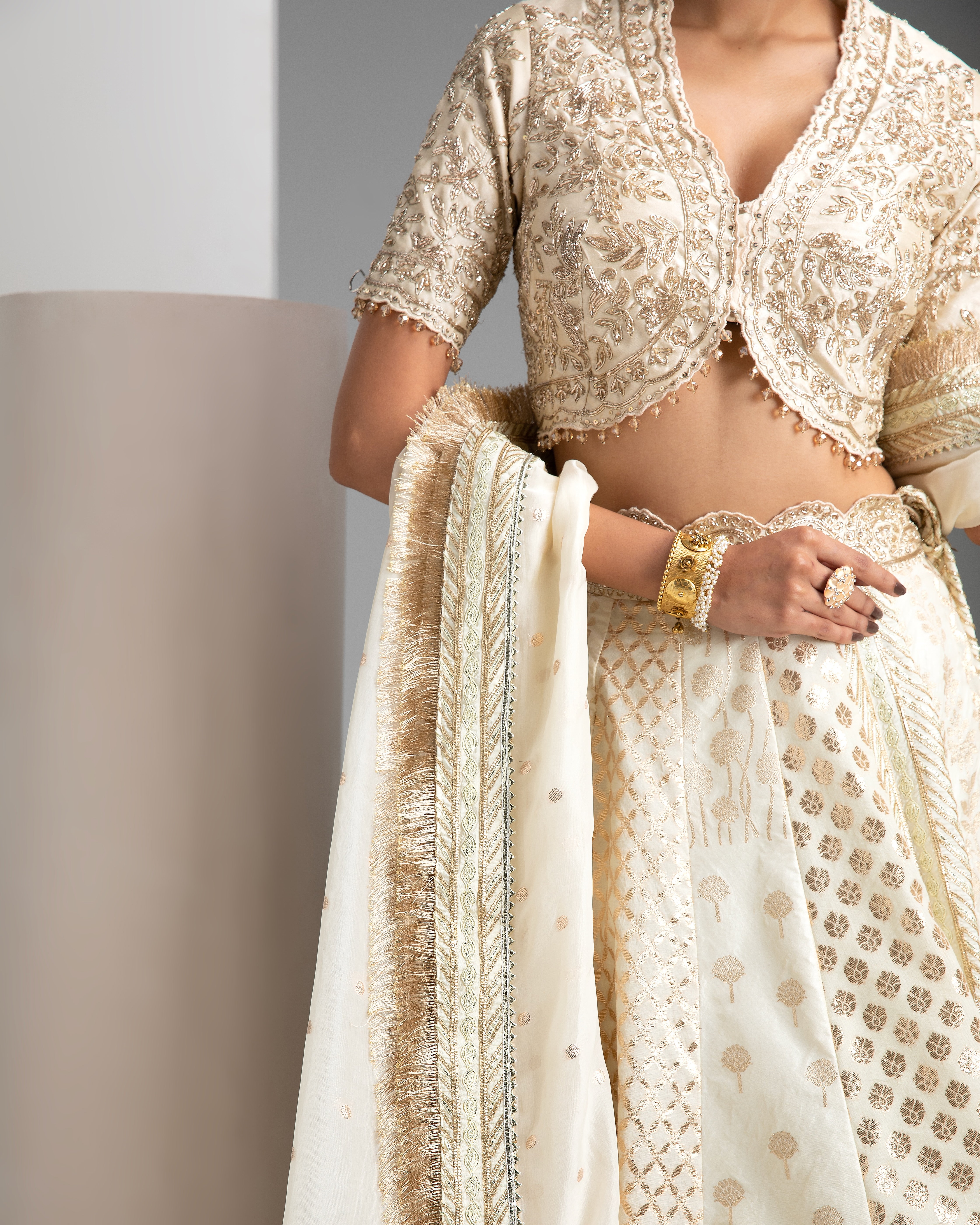 Ivory Banarasi Lehenga Set - Mokshaa