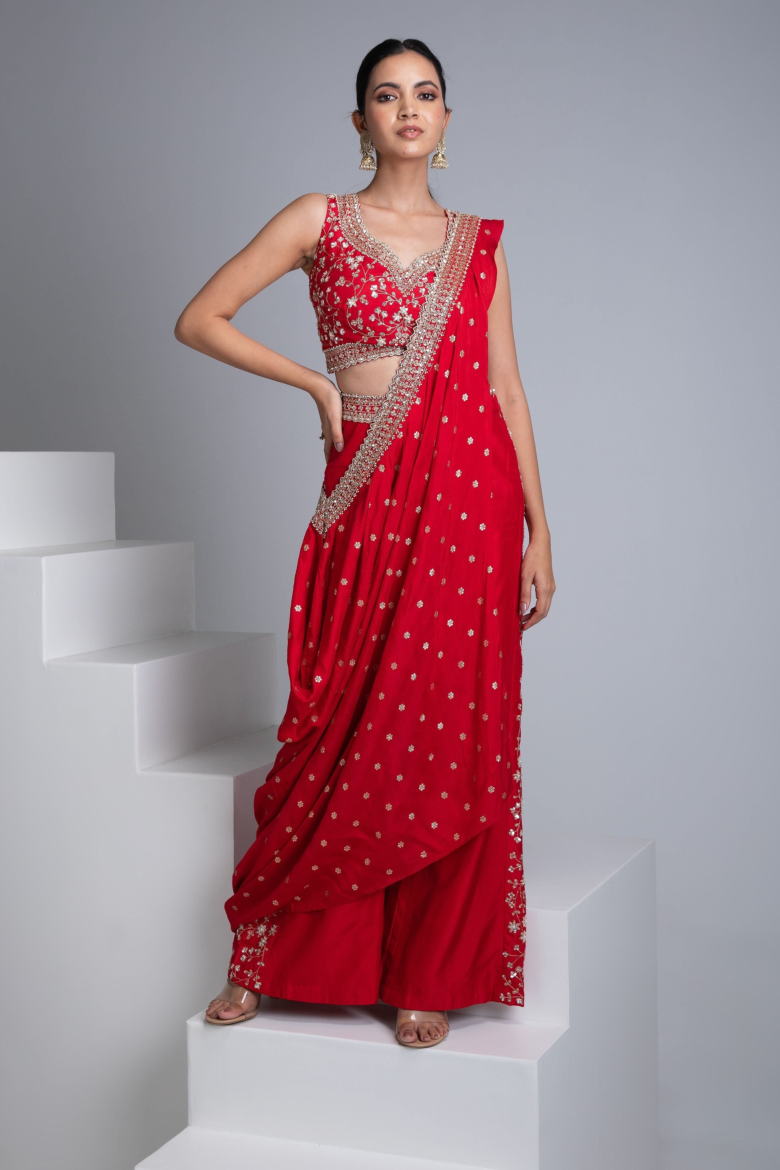 Scarlet Red Draped Saree Set - Mokshaa