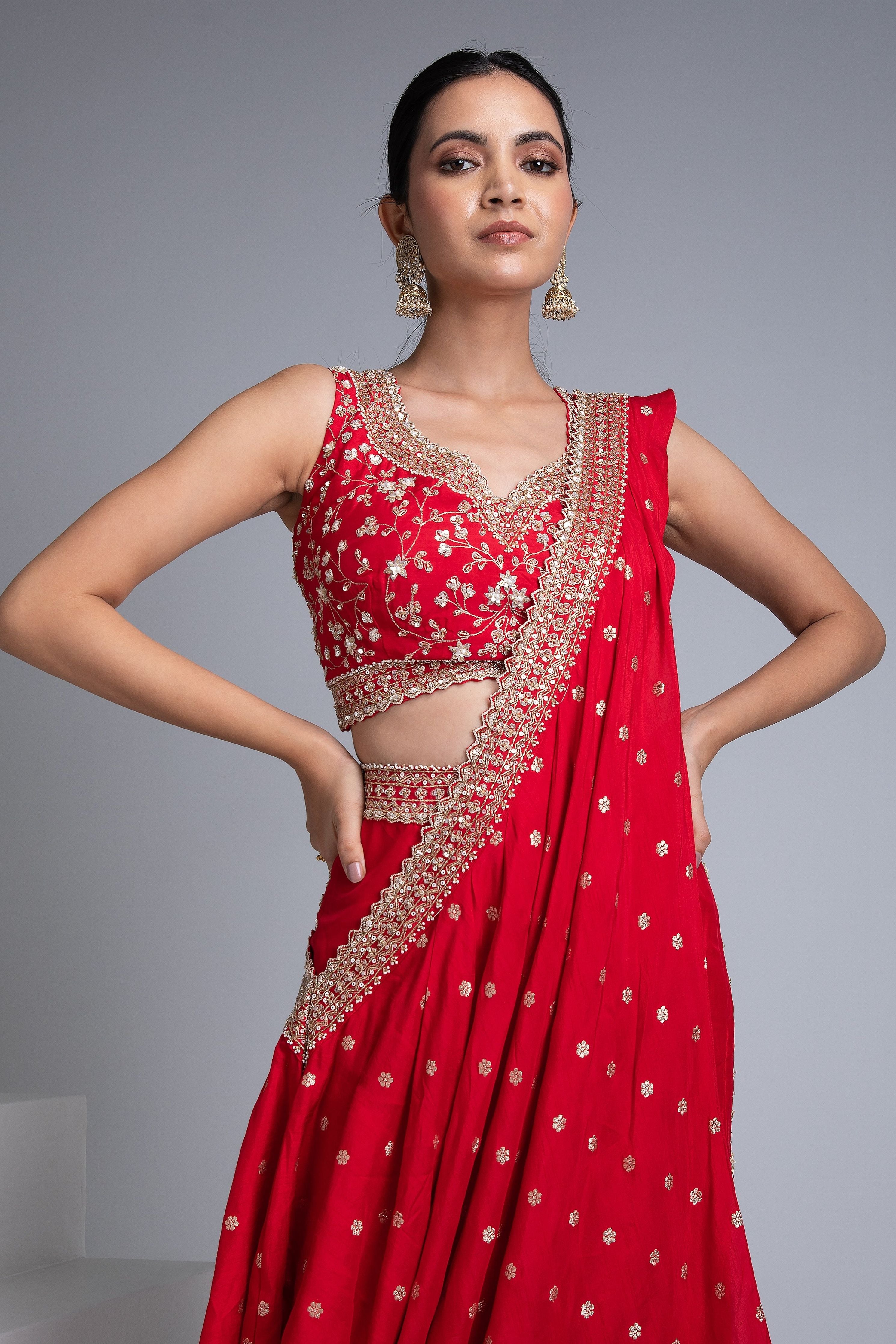 Scarlet Red Draped Saree Set - Mokshaa