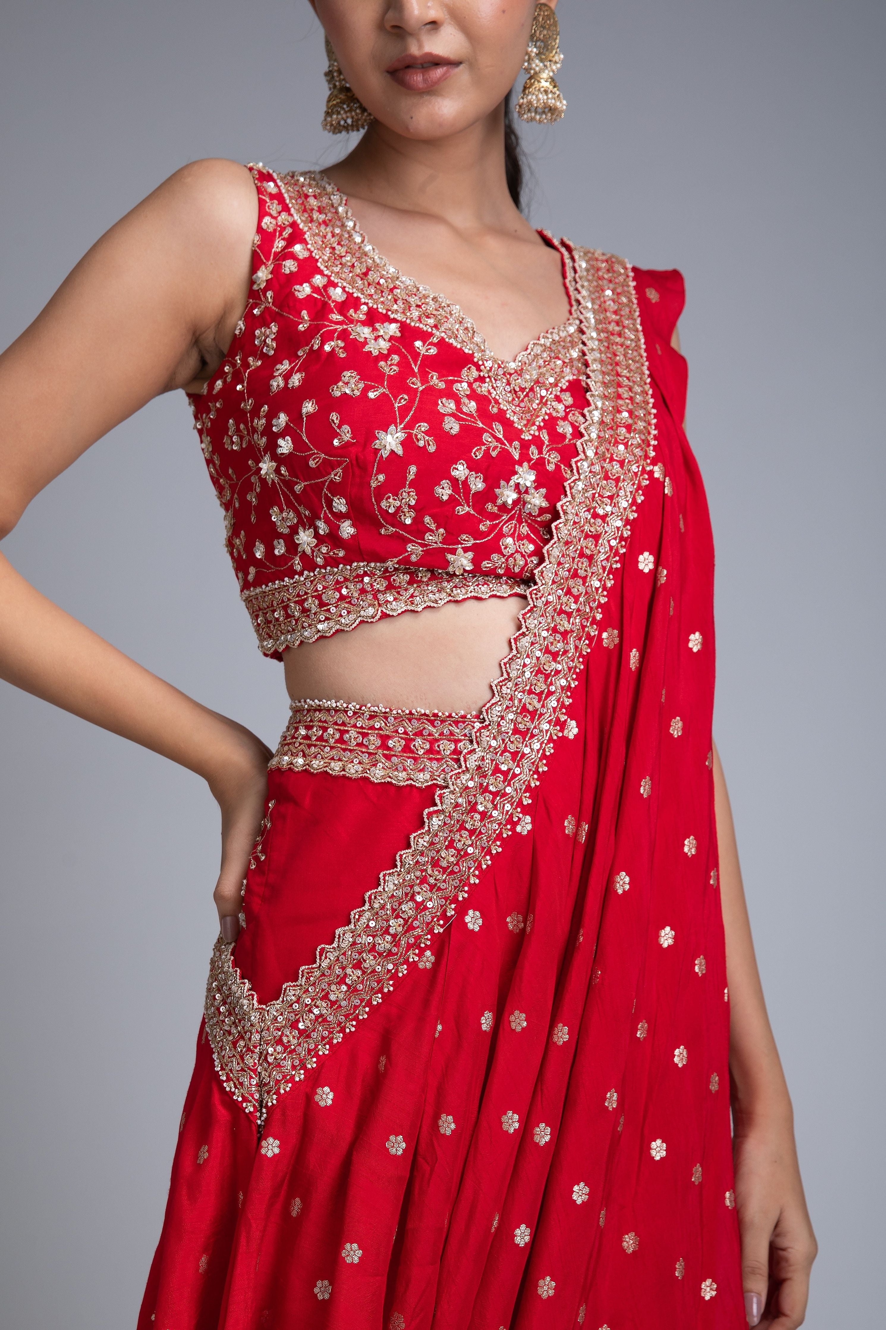 Scarlet Red Draped Saree Set - Mokshaa