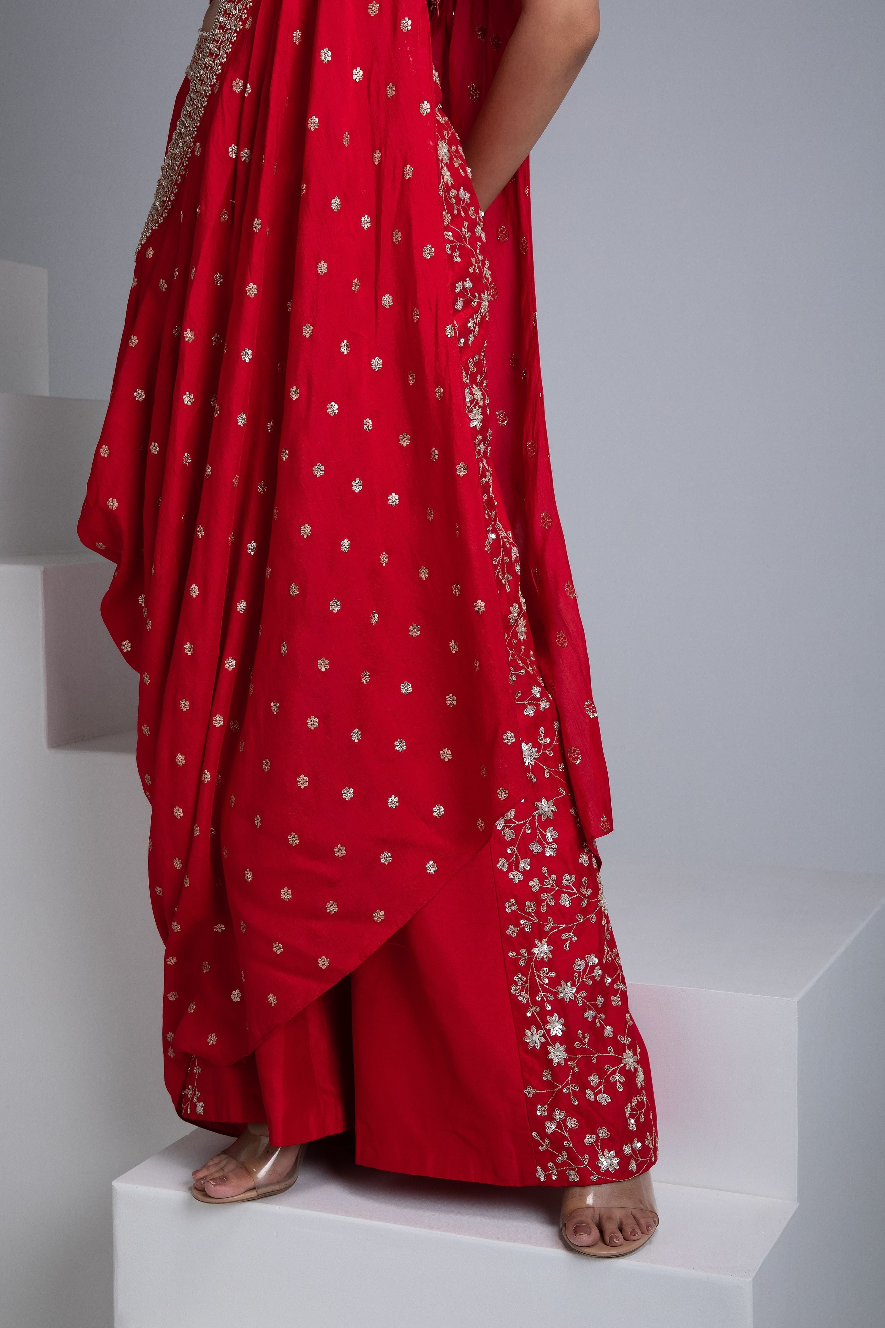 Scarlet Red Draped Saree Set - Mokshaa