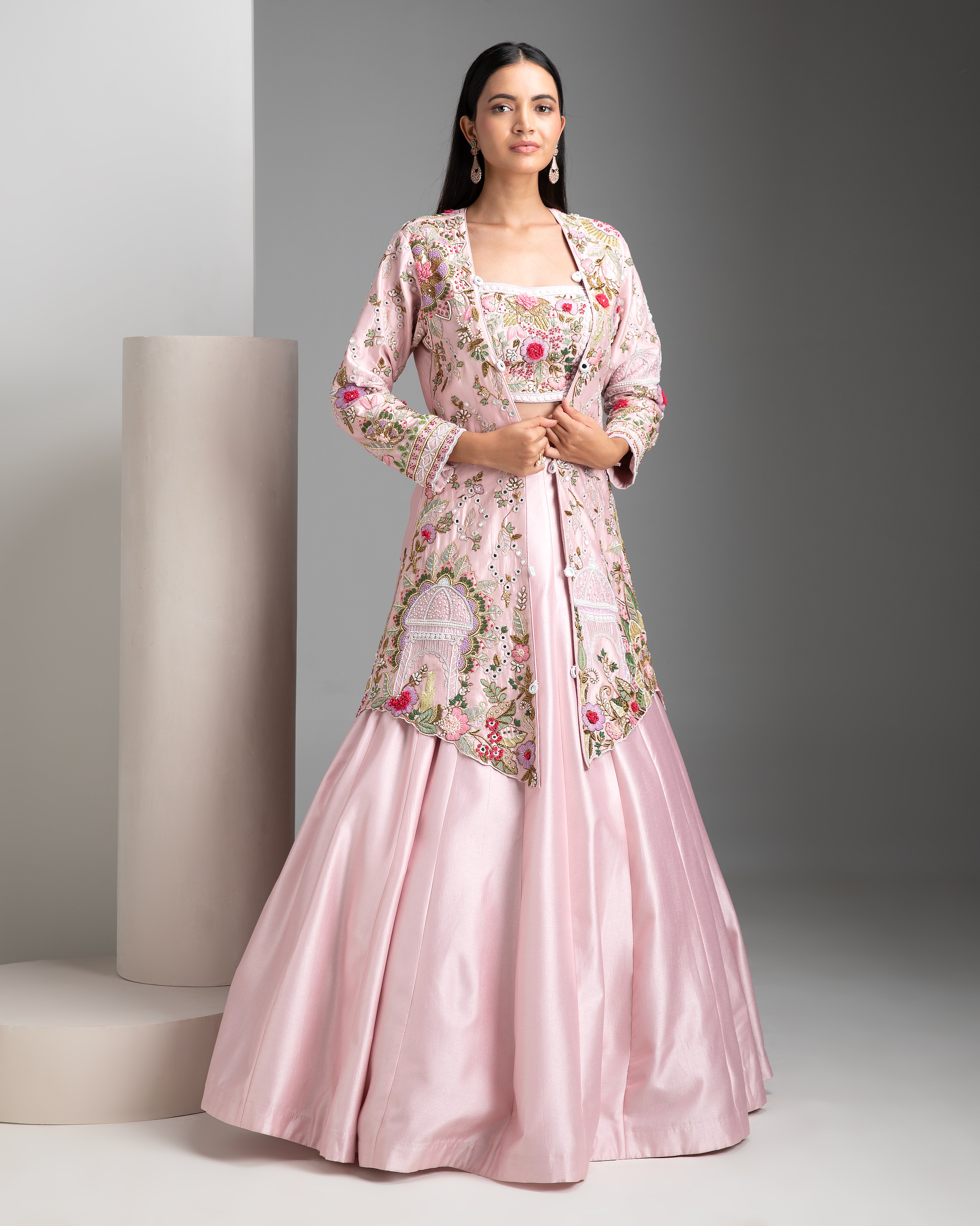 Blossom Pink Raw Silk Lehenga Set - Mokshaa