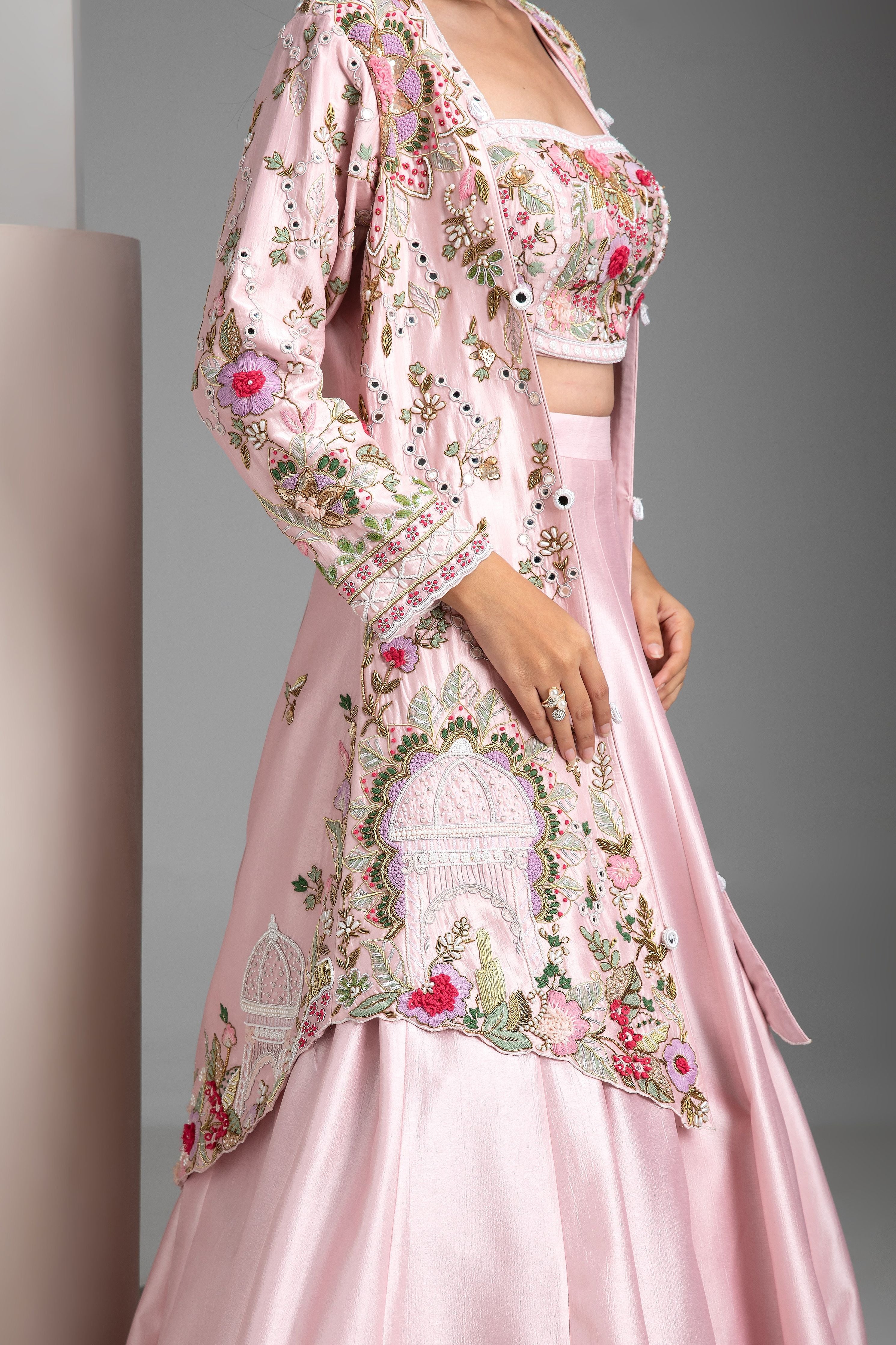 Blossom Pink Raw Silk Lehenga Set - Mokshaa