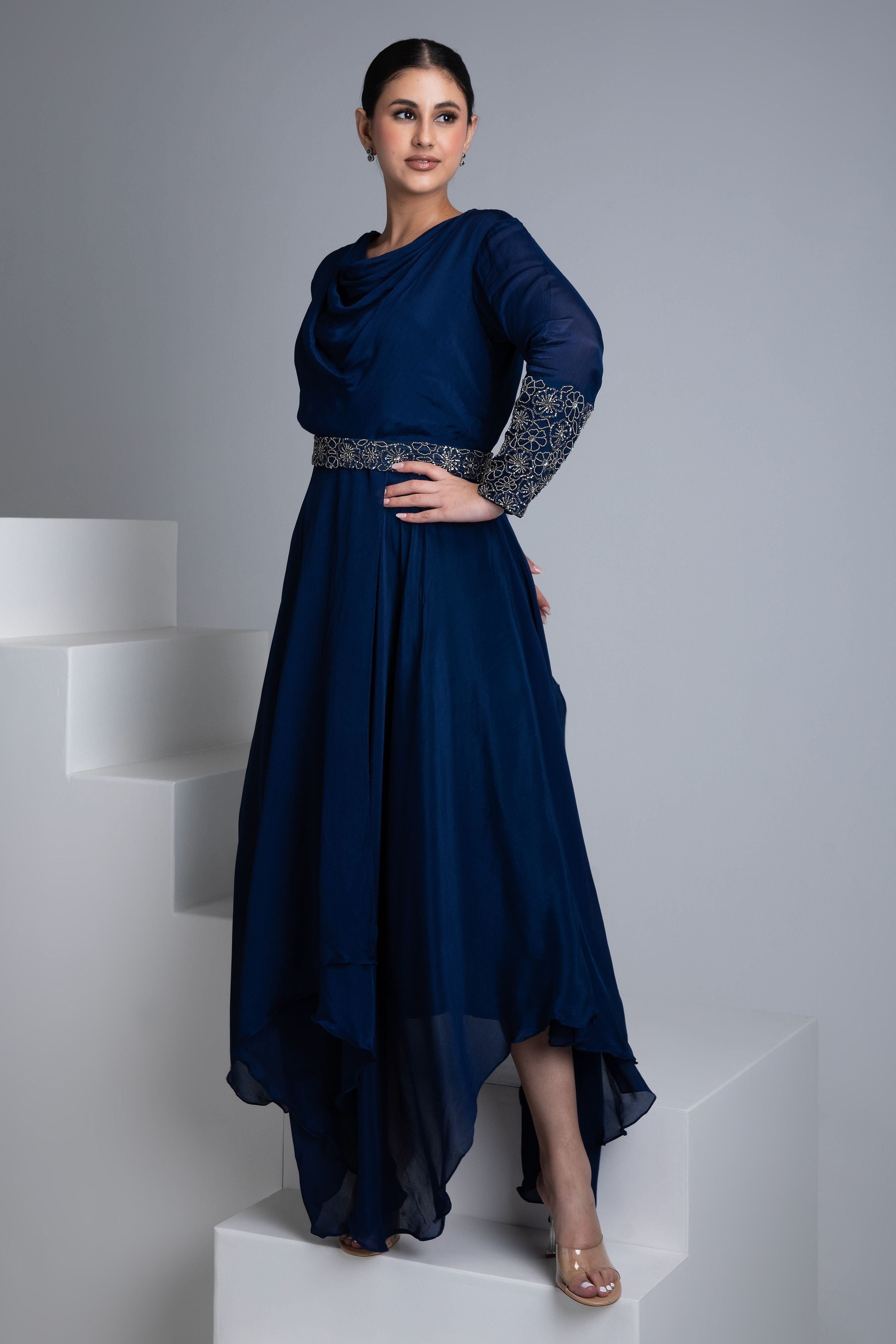 Navy Blue Georgette Flowy Gown - Mokshaa