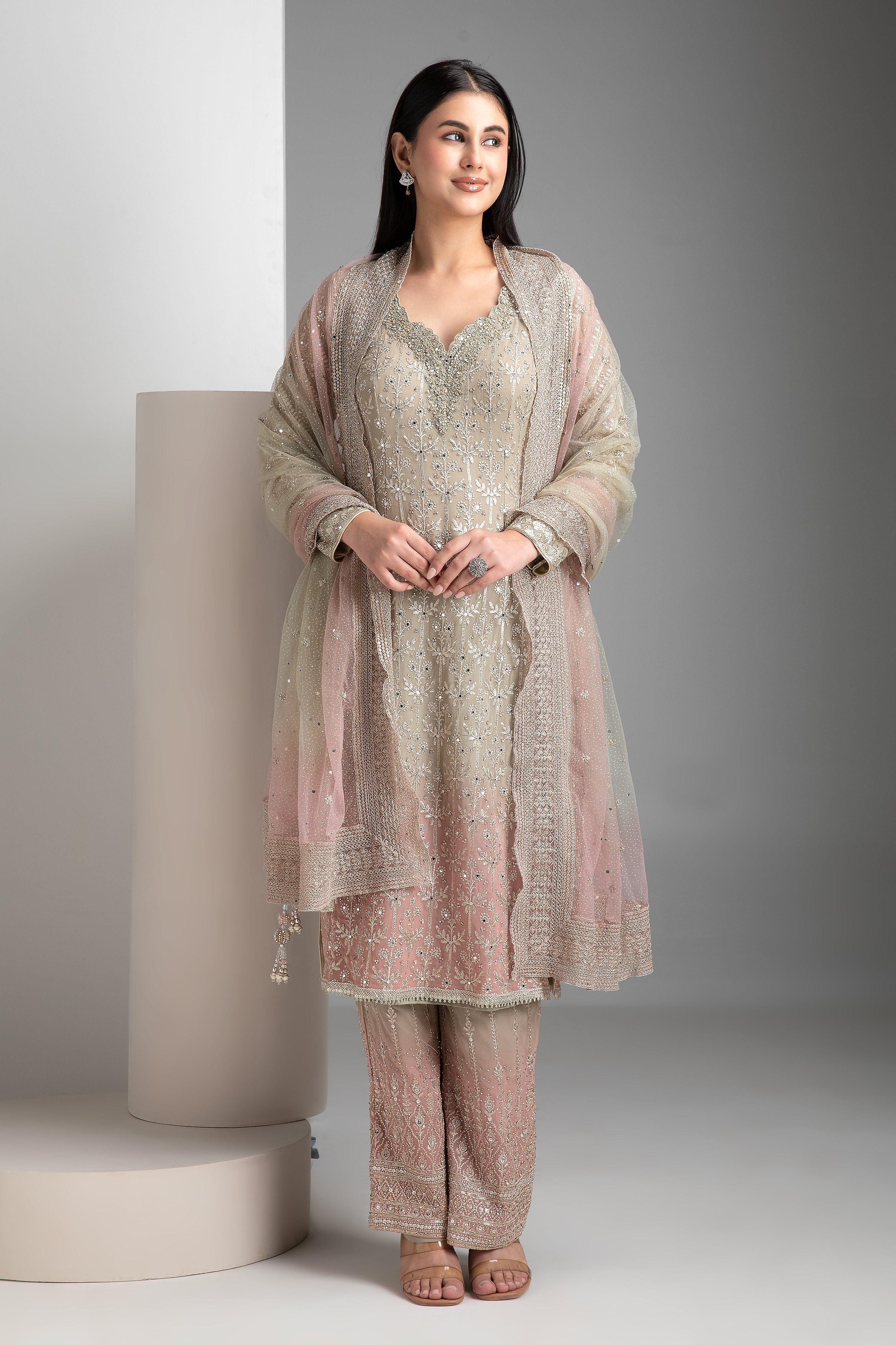 Warm Grey Shaded Straight Kurta Set - Mokshaa