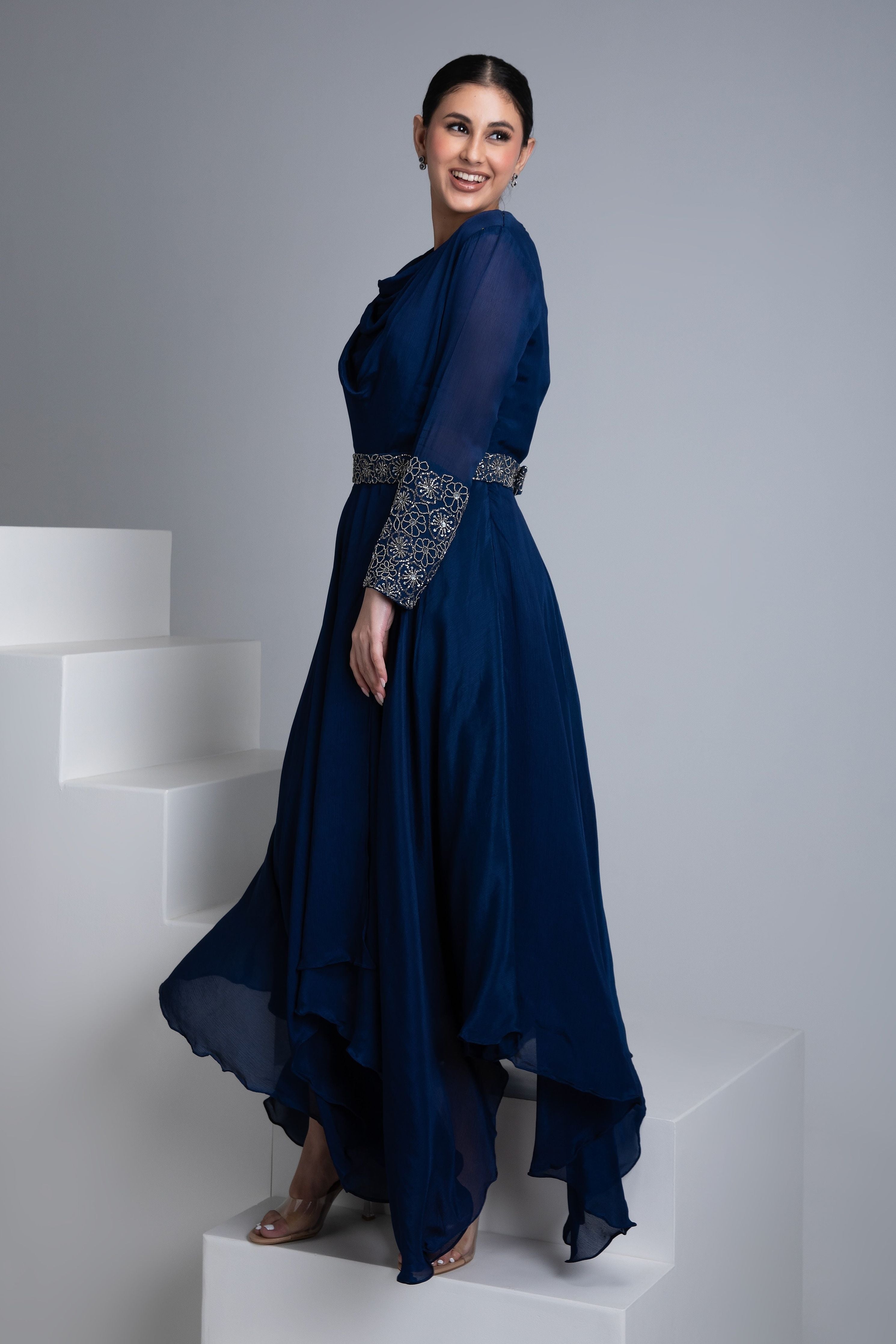 Navy Blue Georgette Flowy Gown - Mokshaa