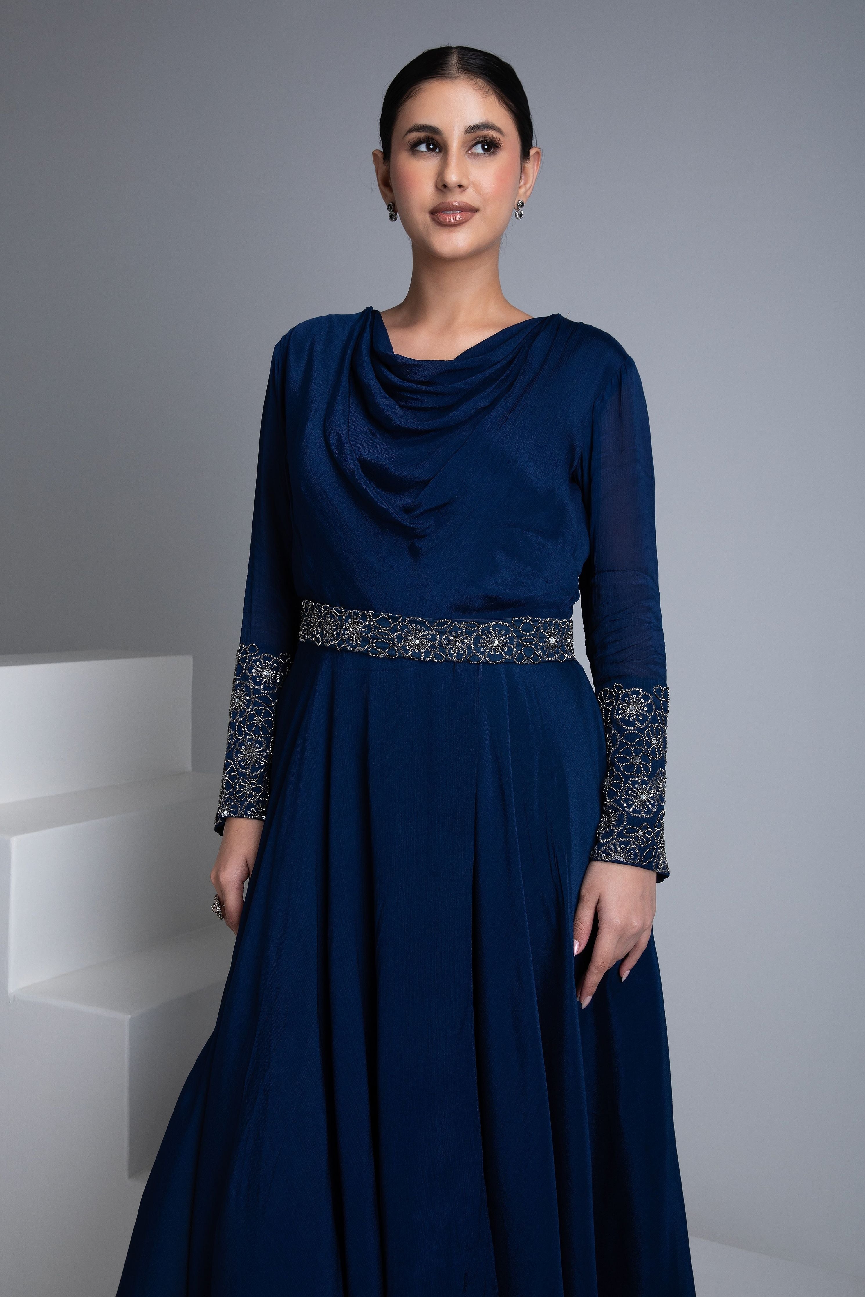 Navy Blue Georgette Flowy Gown - Mokshaa