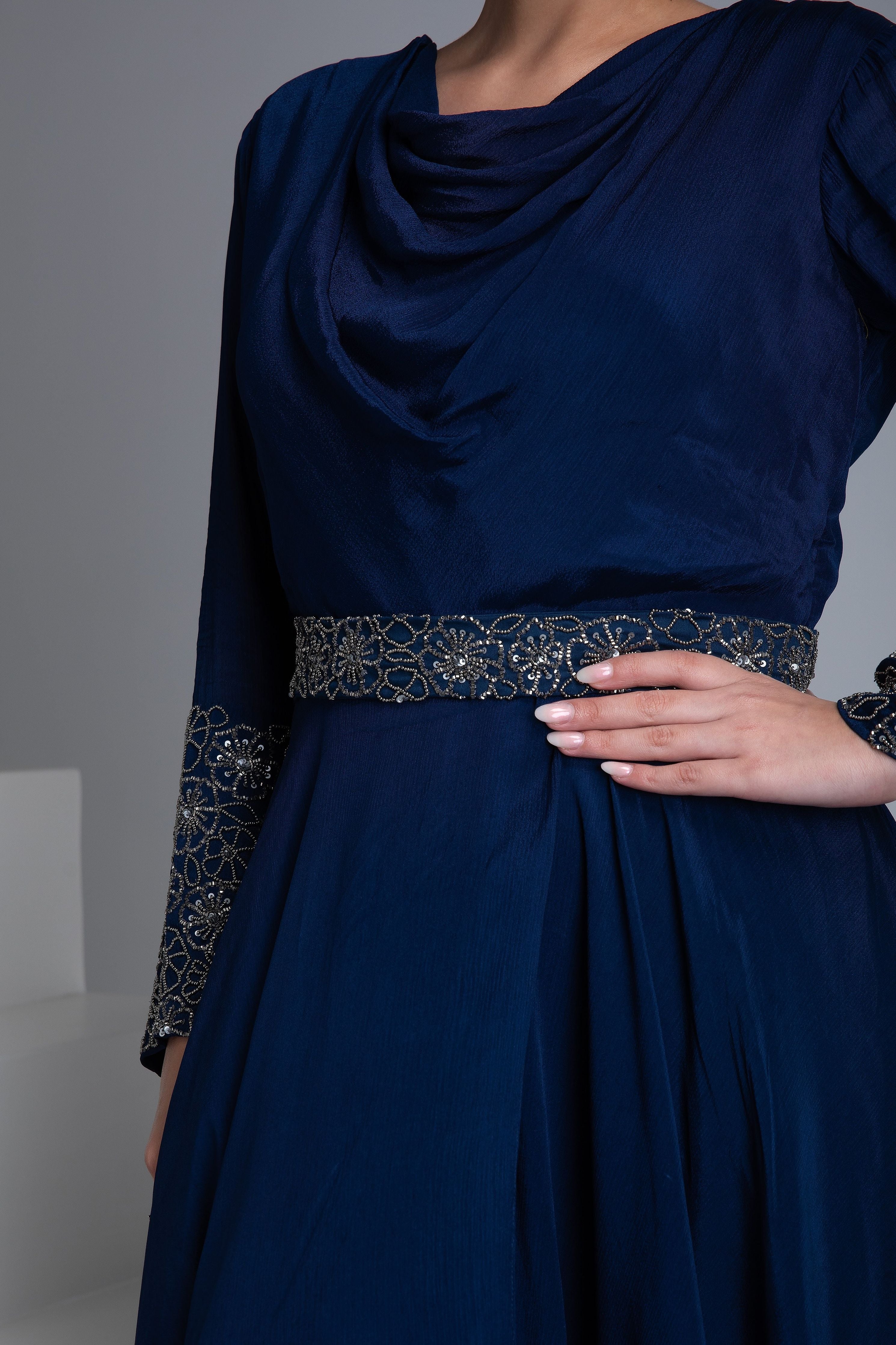 Navy Blue Georgette Flowy Gown - Mokshaa