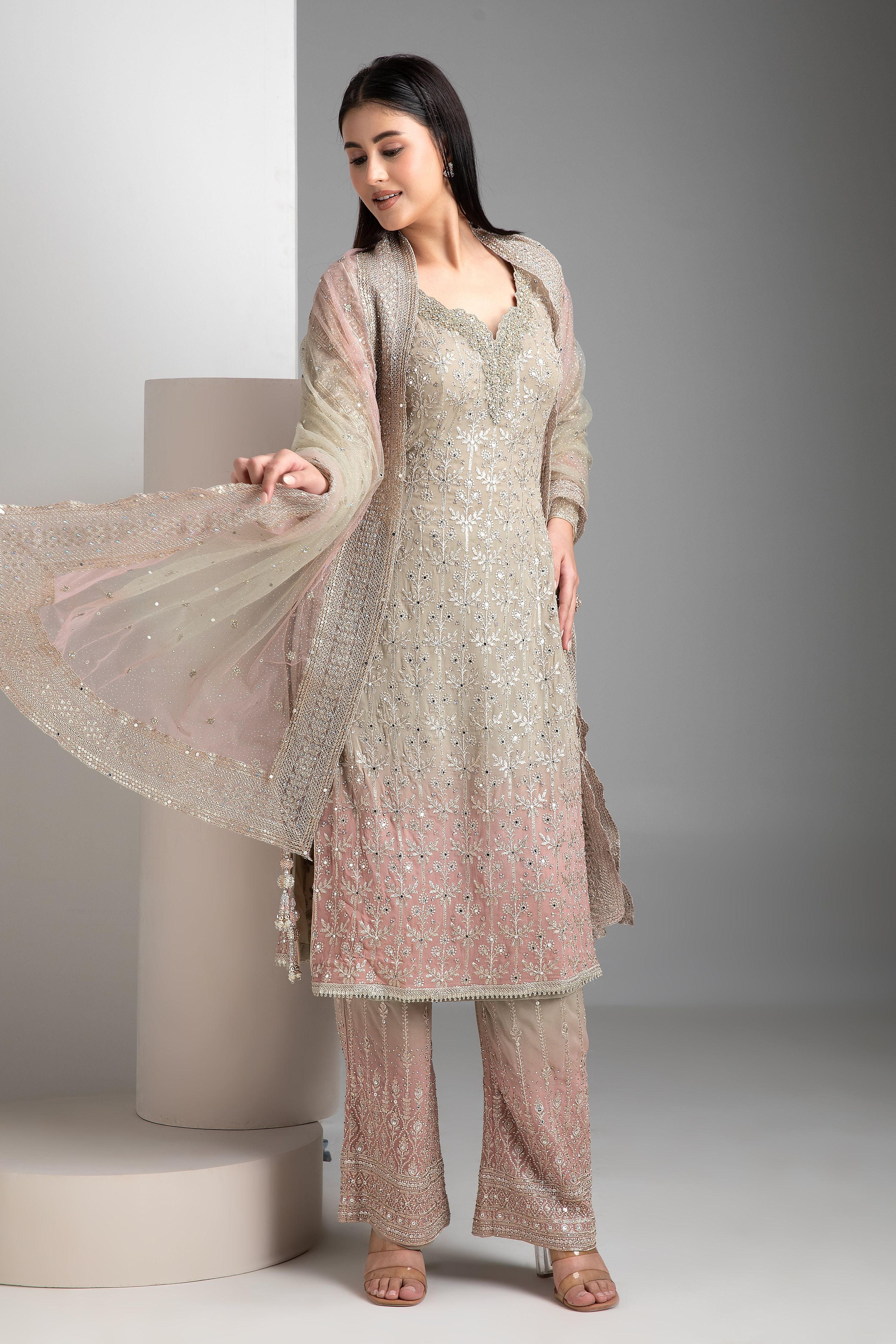 Warm Grey Shaded Straight Kurta Set - Mokshaa