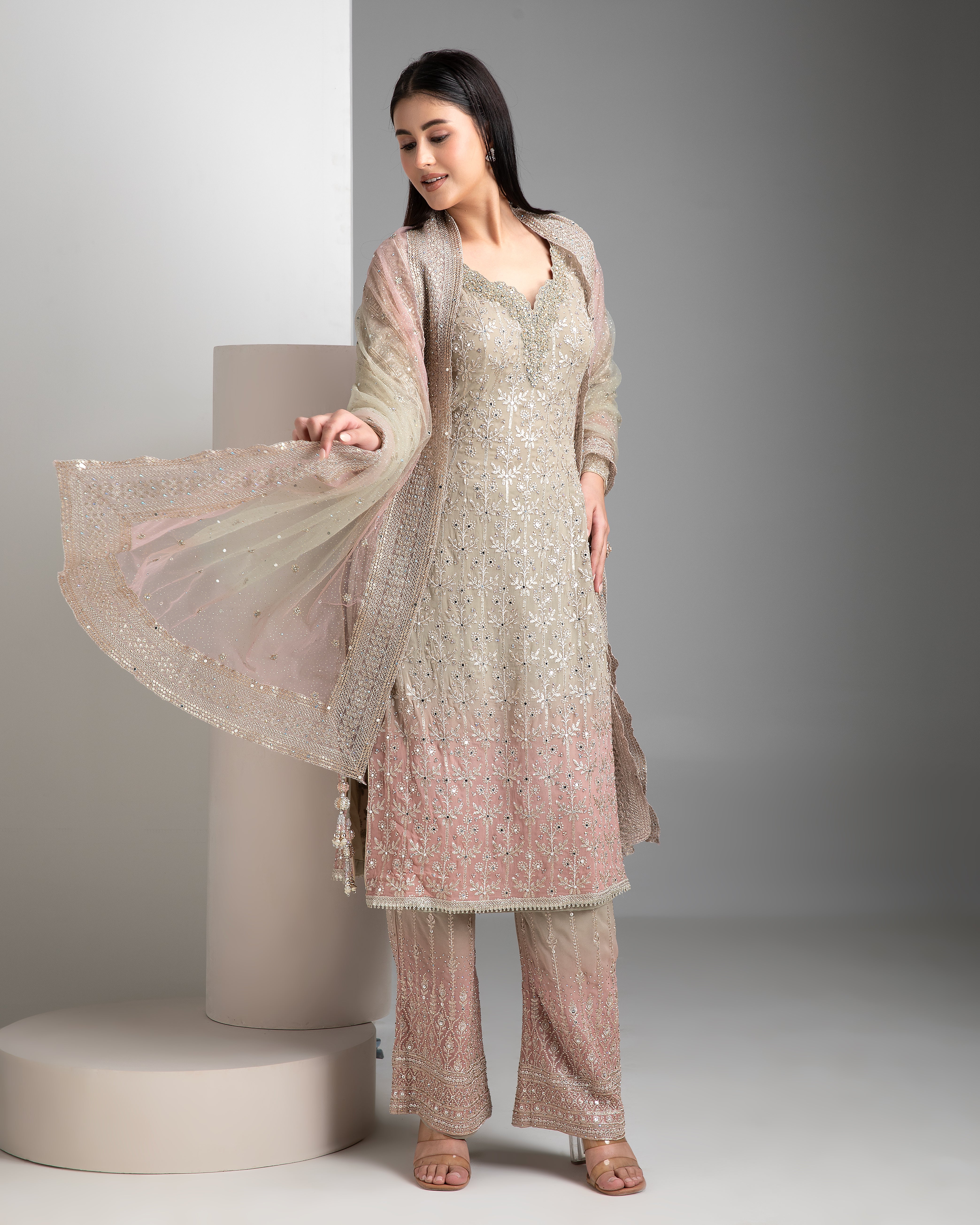 Warm Grey Shaded Straight Kurta Set - Mokshaa