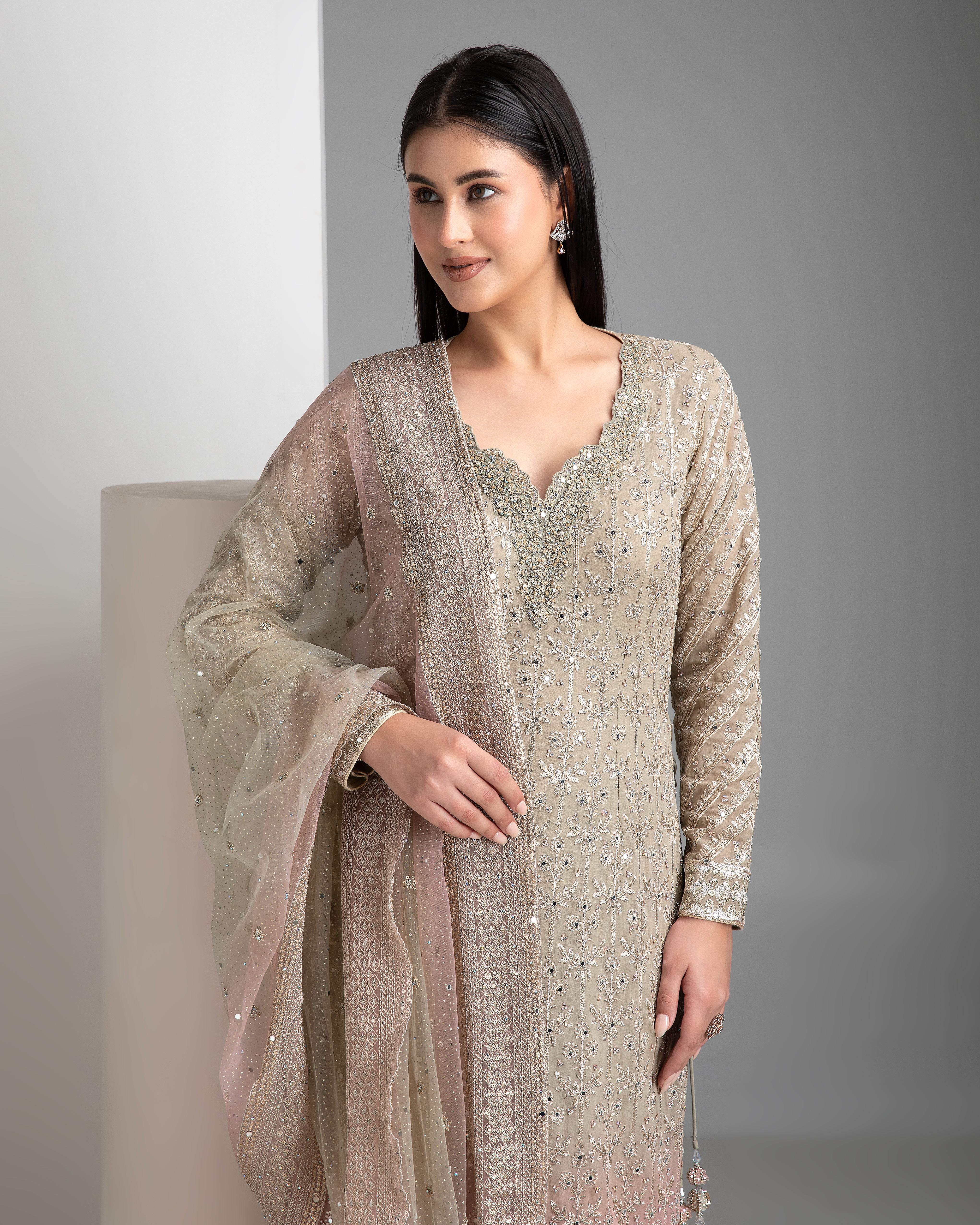 Warm Grey Shaded Straight Kurta Set - Mokshaa